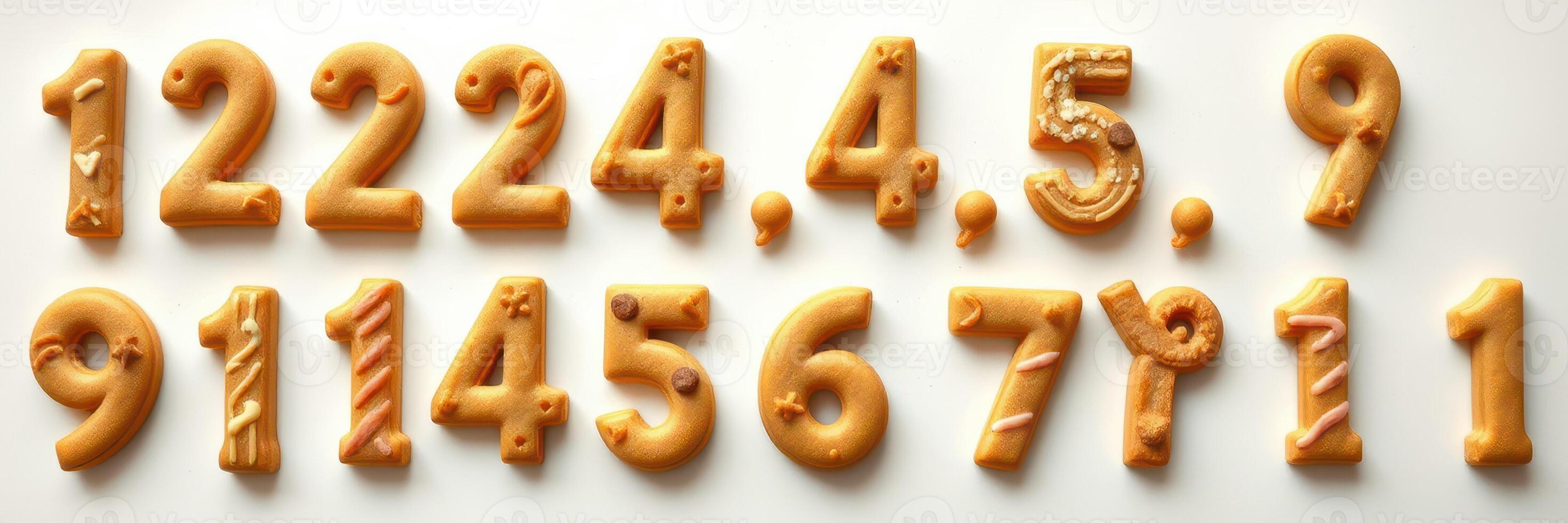 Baked cookies shaped like numbers arranged on a flat surface for creative decoration photo