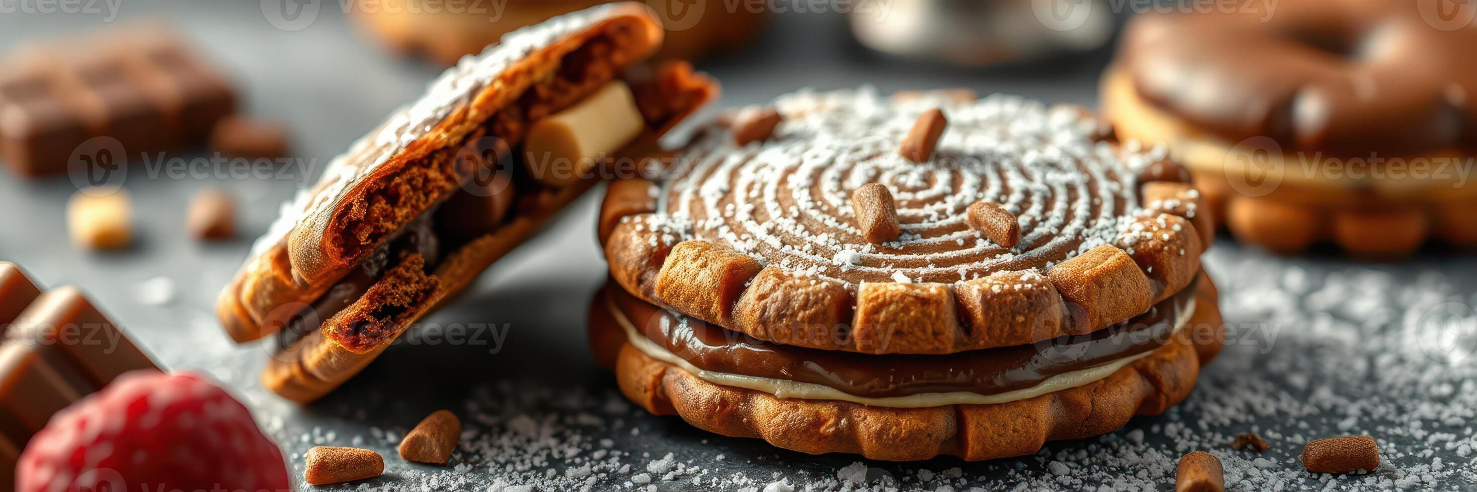 Delicious assortment of cookies with chocolate and raspberry on a textured surface during a cozy afternoon photo
