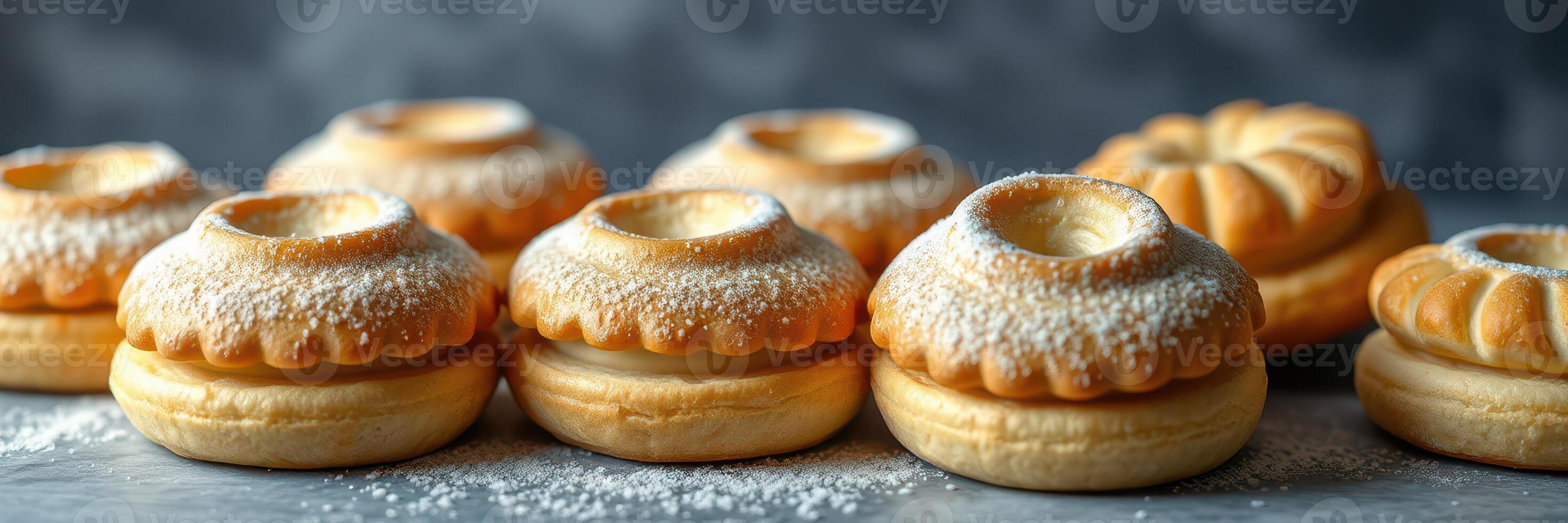 Delicious assorted baked goods displayed on a surface with powdered sugar during an afternoon gathering photo