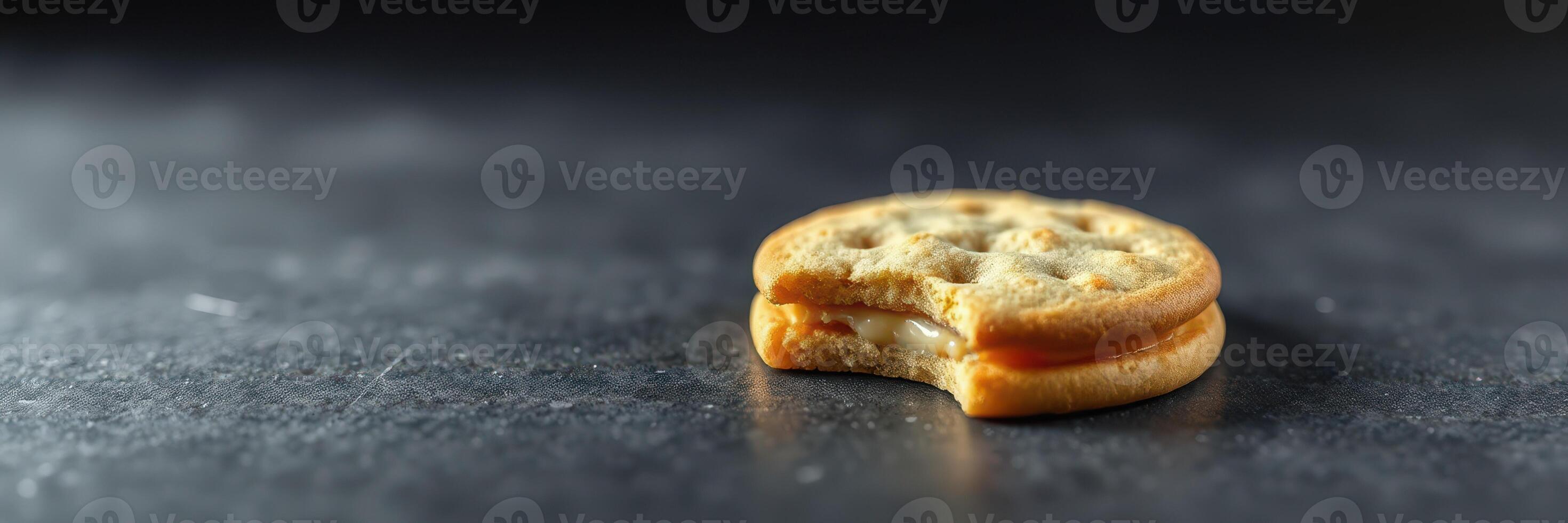 Delicious cookie with a bite taken out, resting on a dark surface in a cozy kitchen setting photo