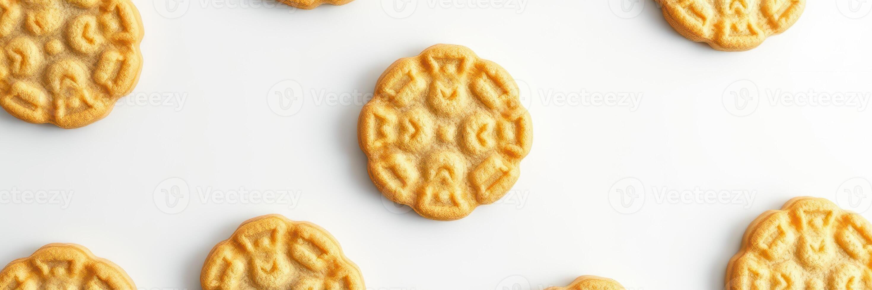 Delicious round cookies with intricate designs arranged on a white surface at a casual baking session photo