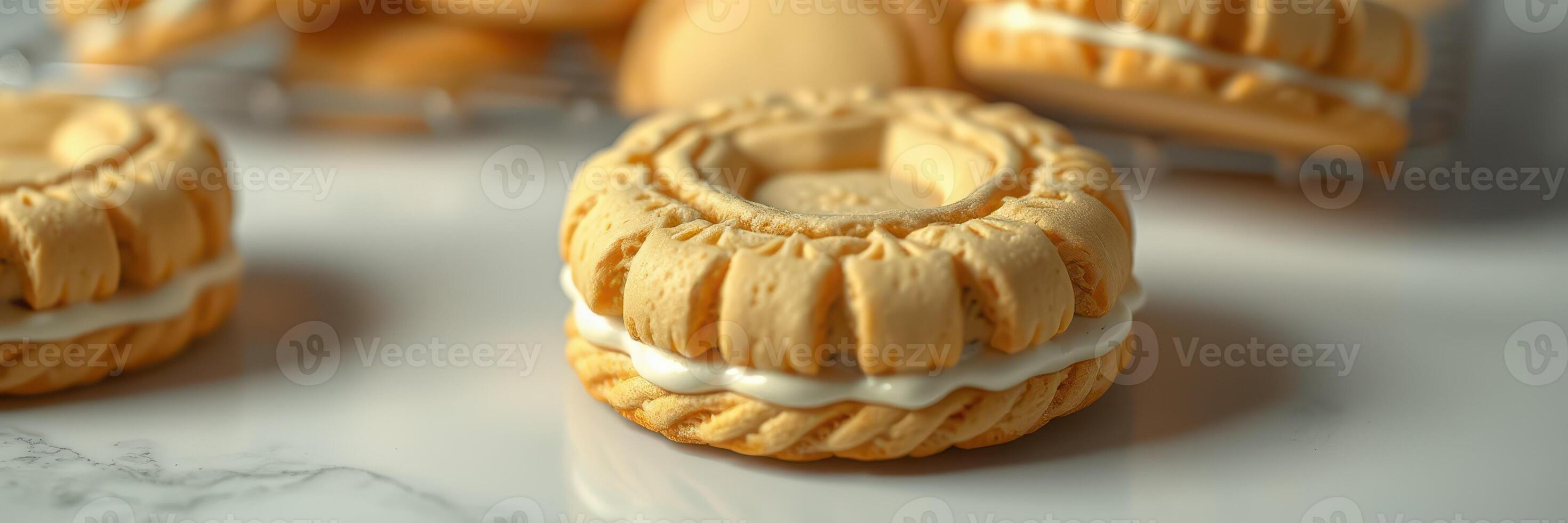 Delicious cream-filled cookies arranged on a marble surface ready for enjoyment and sharing during an afternoon gathering photo