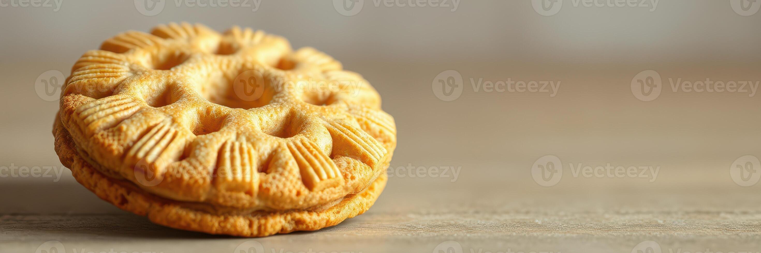 Deliciously baked cookie showcasing intricate design resting on a wooden table captured in soft light photo