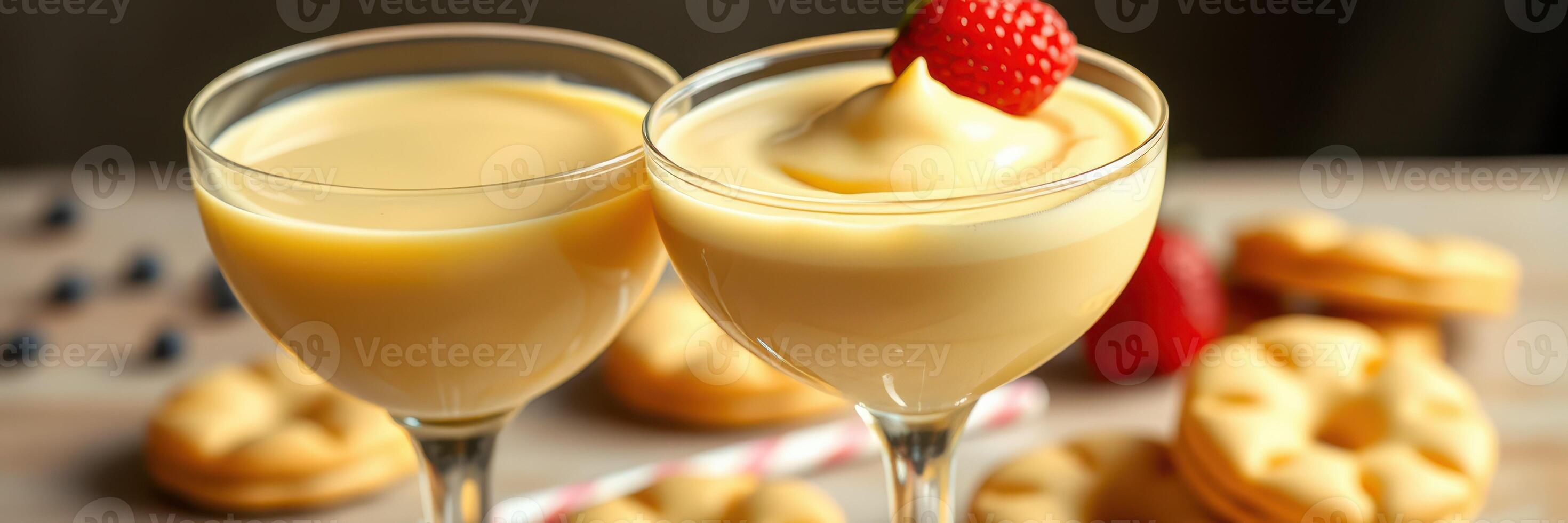 Creamy desserts served in elegant glasses with fresh strawberries and cookies on a wooden table photo