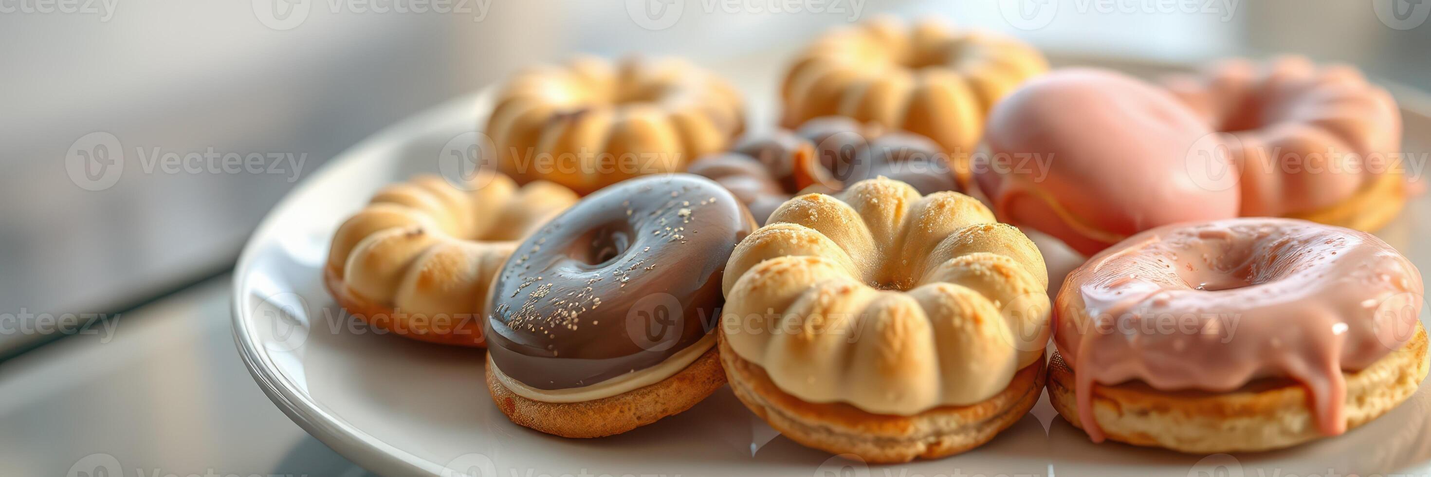 Diverse selection of decorated donuts arranged on a plate in a bright setting during the afternoon photo