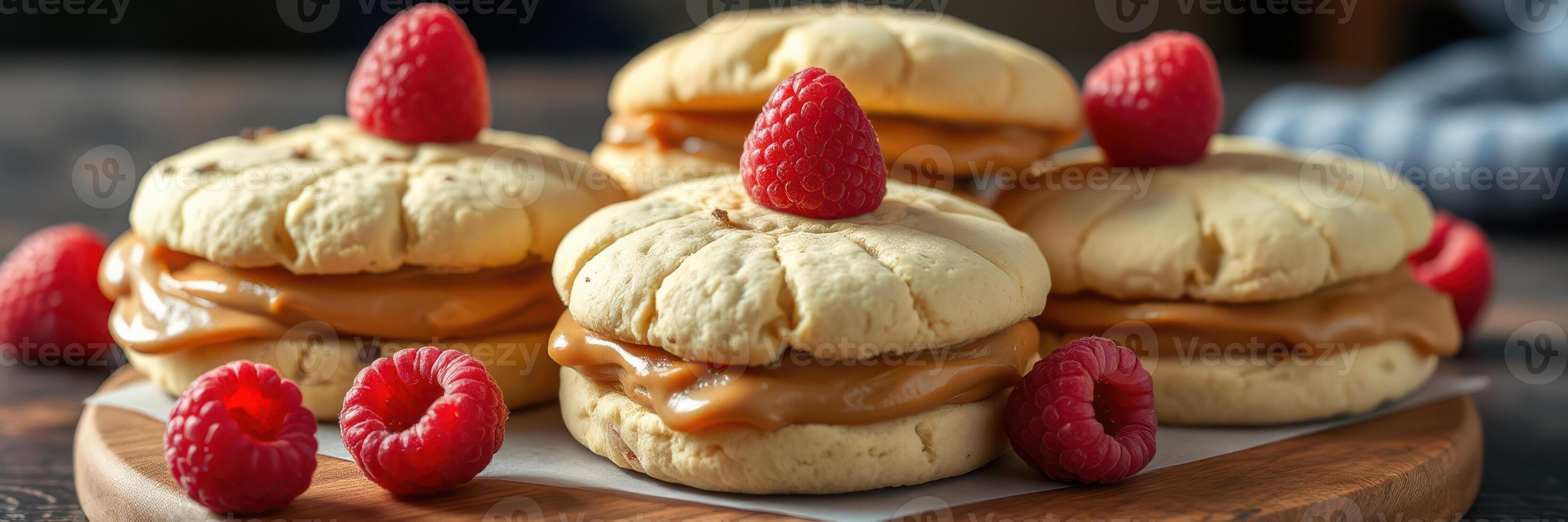 Delicious cookies filled with caramel and topped with fresh raspberries on a wooden platter photo
