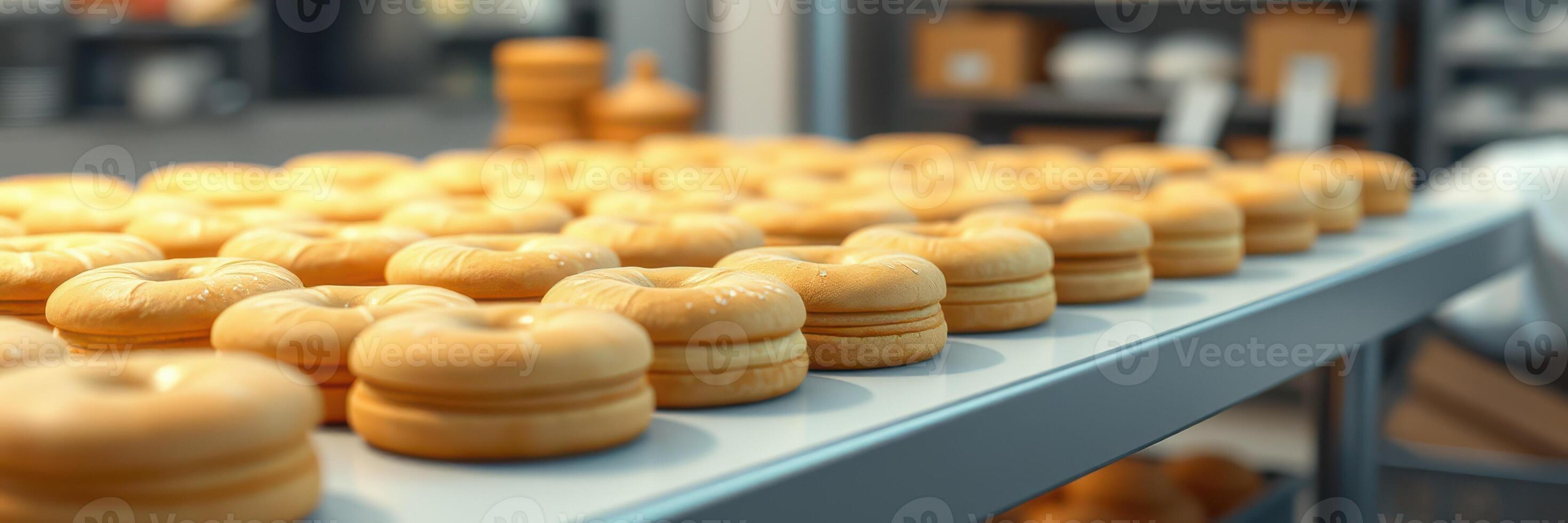 Freshly baked bagels lined up on a cooling rack in a busy bakery during the morning hours photo
