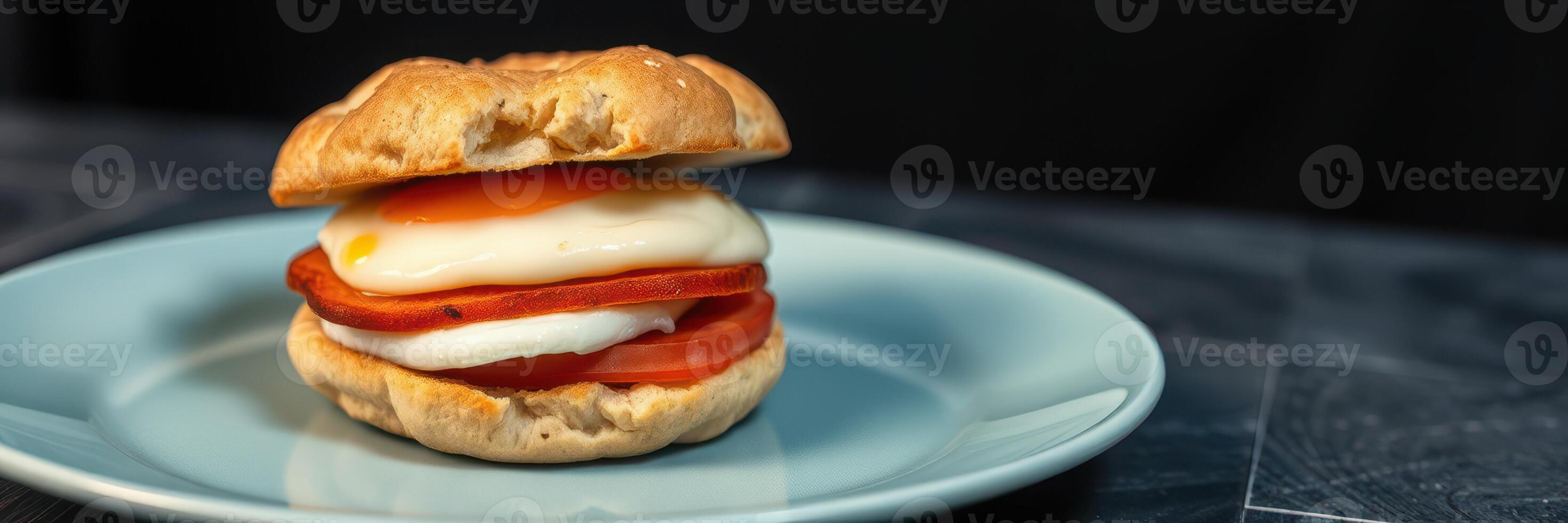 Breakfast sandwich featuring fluffy egg, spicy sausage, and fresh cheese on a soft biscuit served on a light blue plate photo