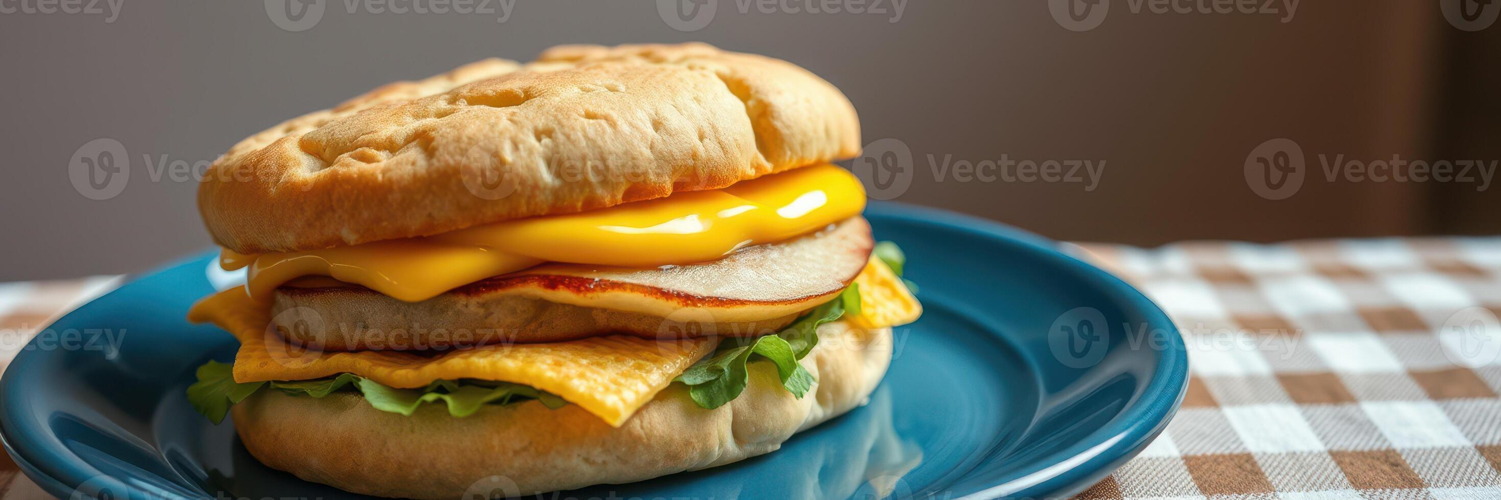 Delicious sandwich with melted cheese and fresh greens served on a blue plate at breakfast time photo