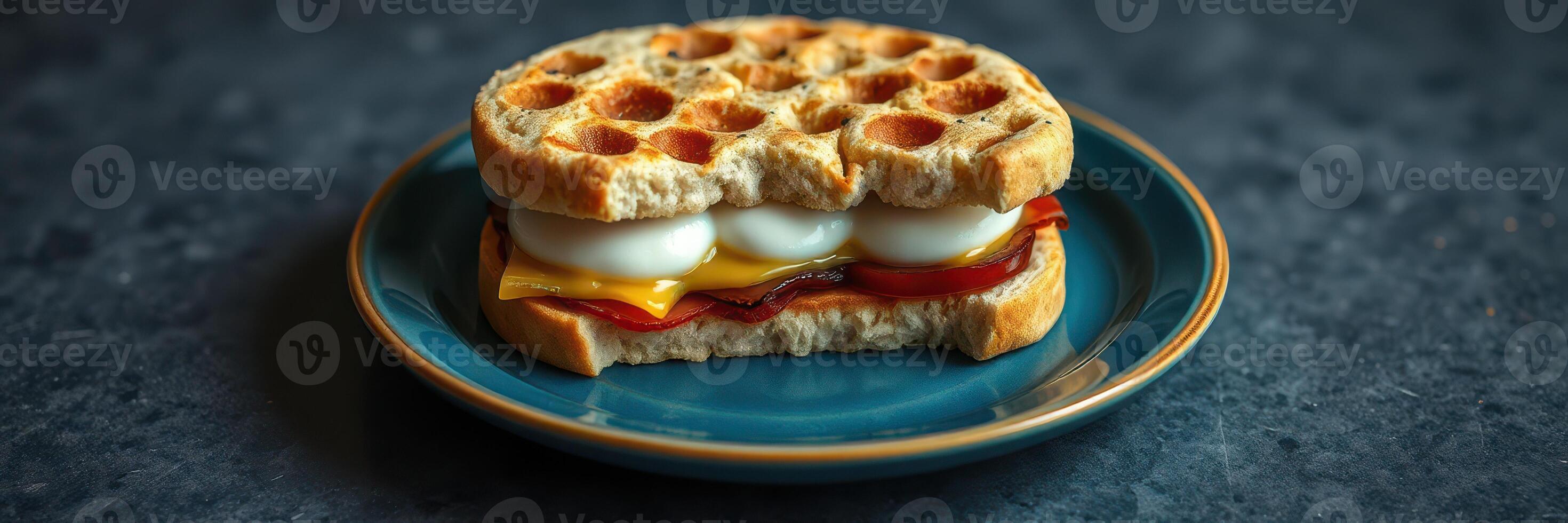 Unique breakfast sandwich made with waffles, eggs, cheese, and bacon served on a blue plate photo
