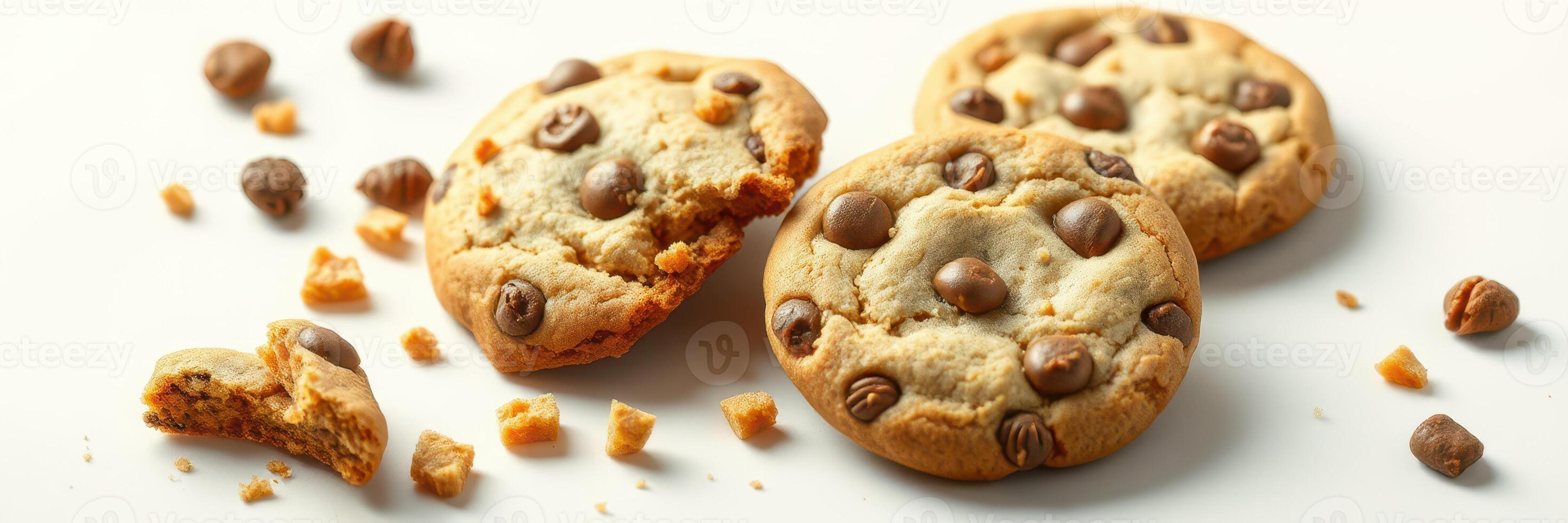 Freshly baked chocolate chip cookies with a tempting aroma displayed on a plain background photo