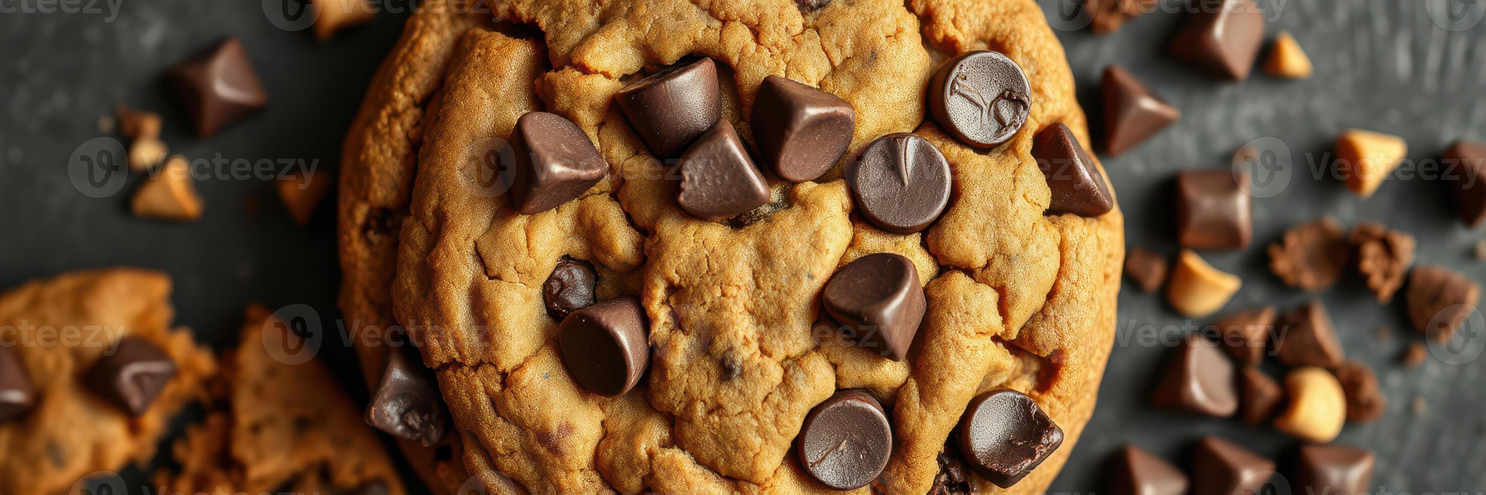 Delicious freshly baked chocolate chip cookie with melted chocolate chunks on a dark background photo