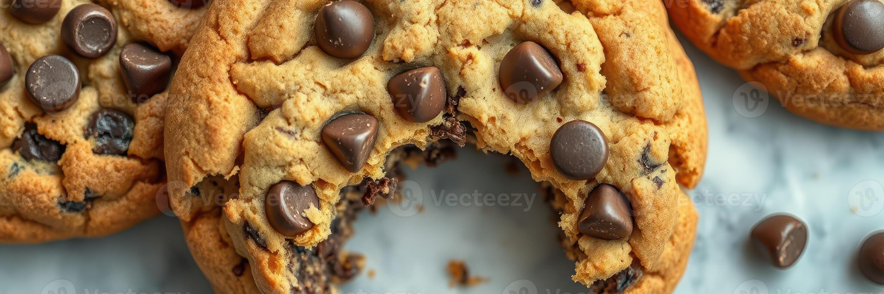 Warm chocolate chip cookies with melted chips displayed on a marble surface photo
