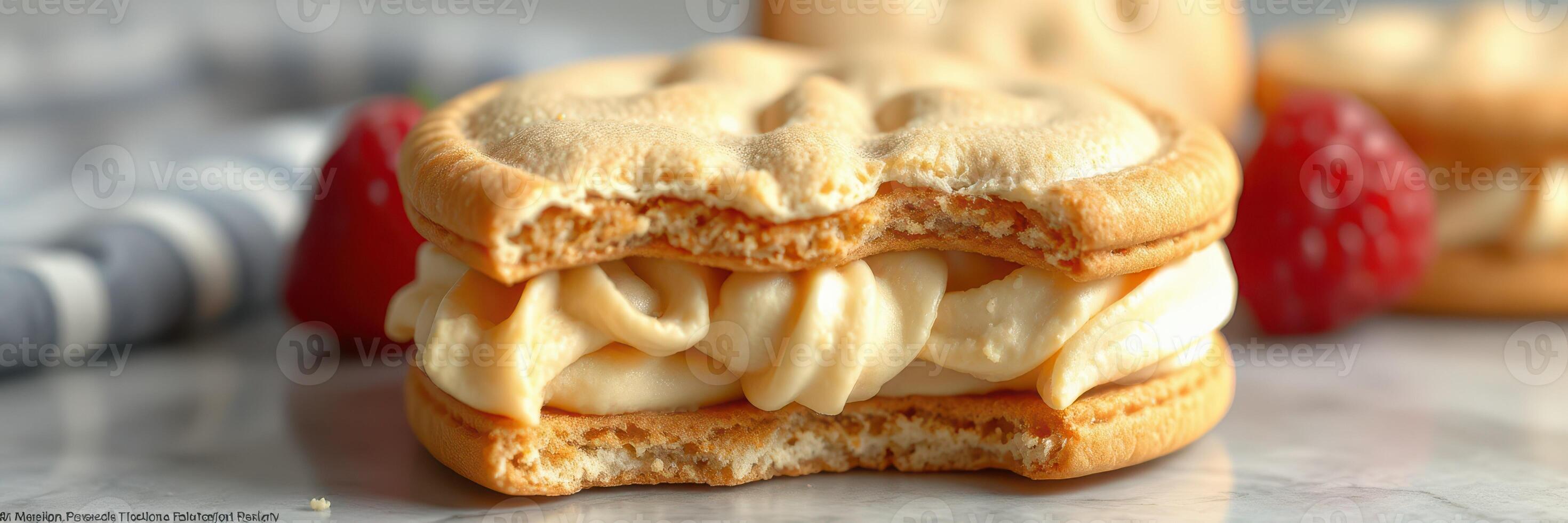 Delicious dessert featuring whipped filling between cookie sandwiches with fresh raspberries on a marble surface photo