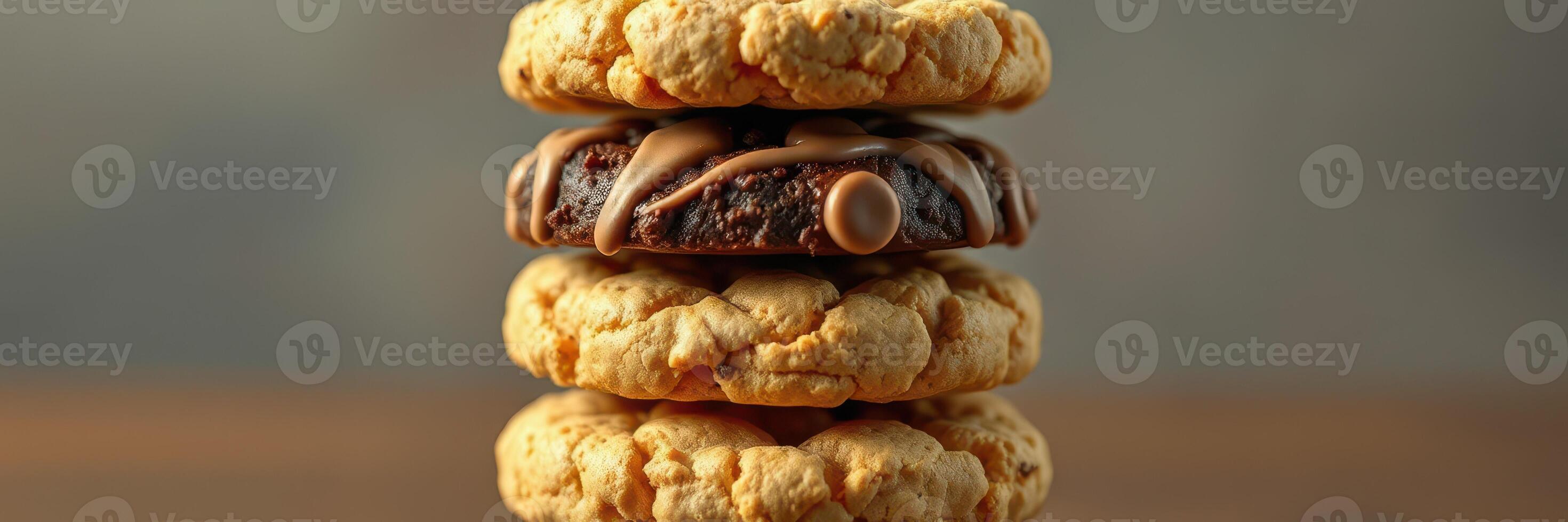 Stack of delicious cookies with chocolate and oatmeal layered together for a tempting dessert experience photo