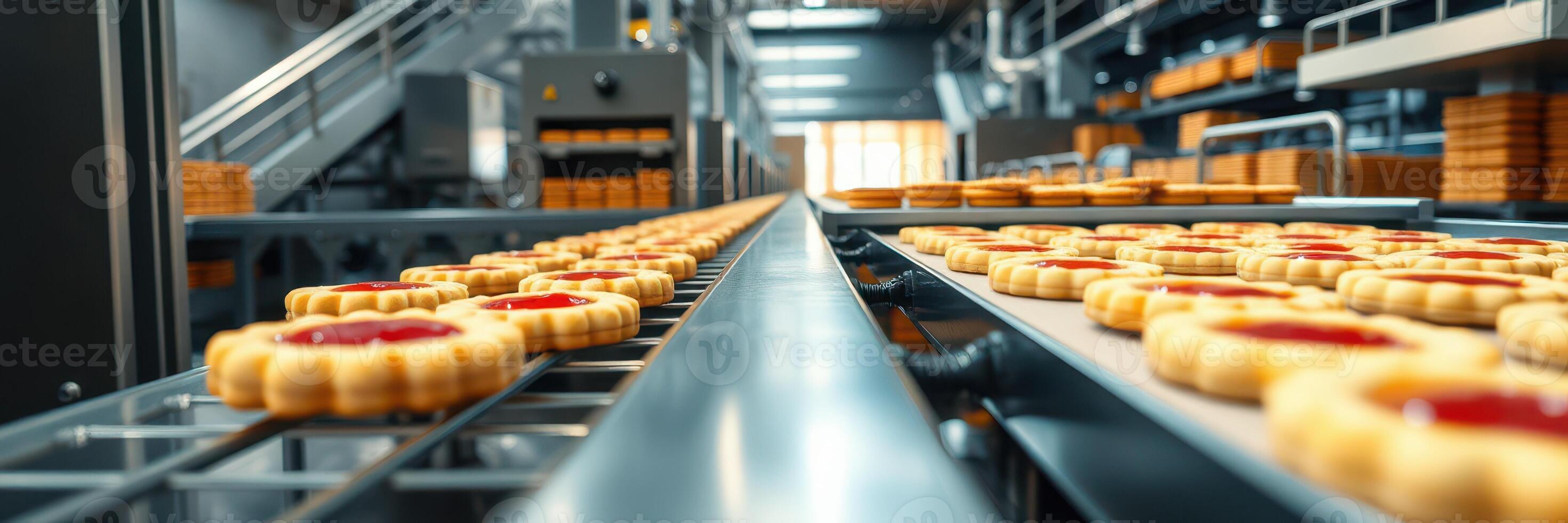 Cookies travel along a conveyor belt in a busy bakery during daytime production hours photo