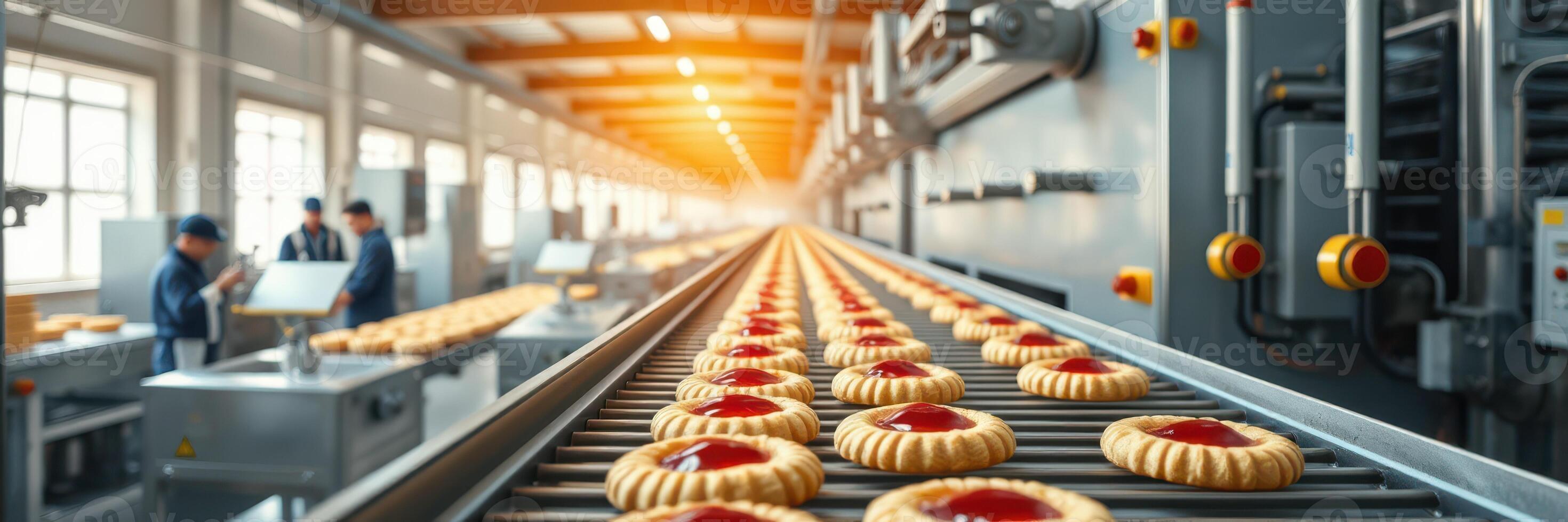 Bakery production line showcases fresh pastries being processed in a modern facility during daytime photo