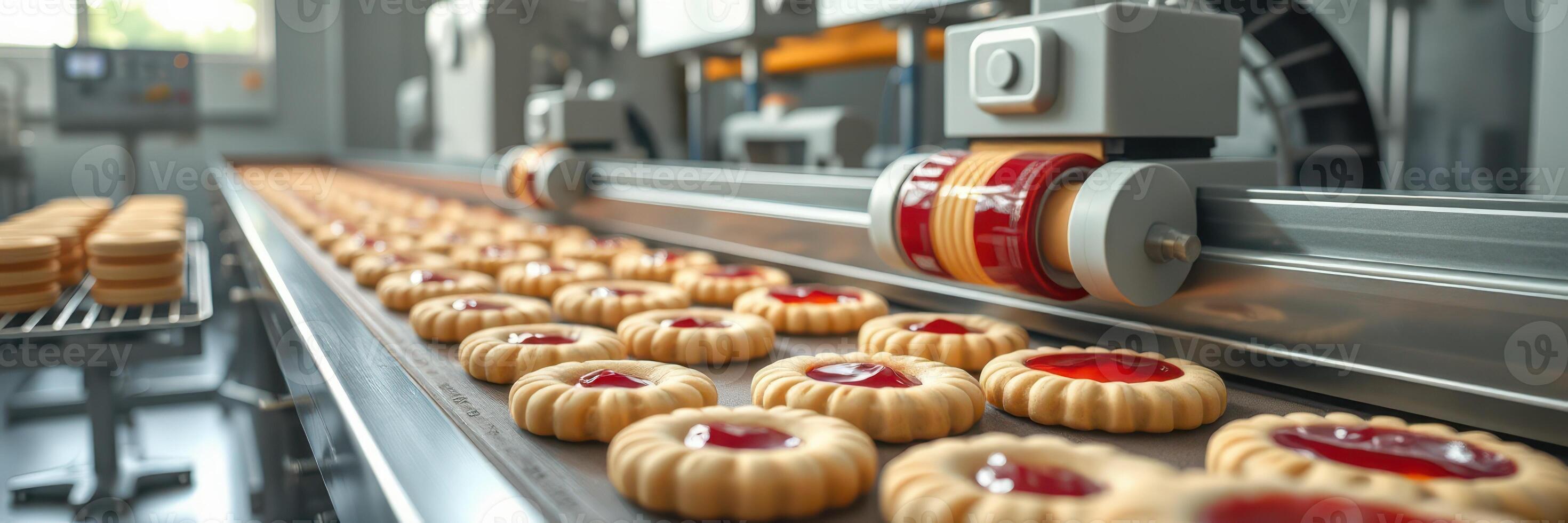 Cookies moving along a production line at a bakery facility during daylight hours photo