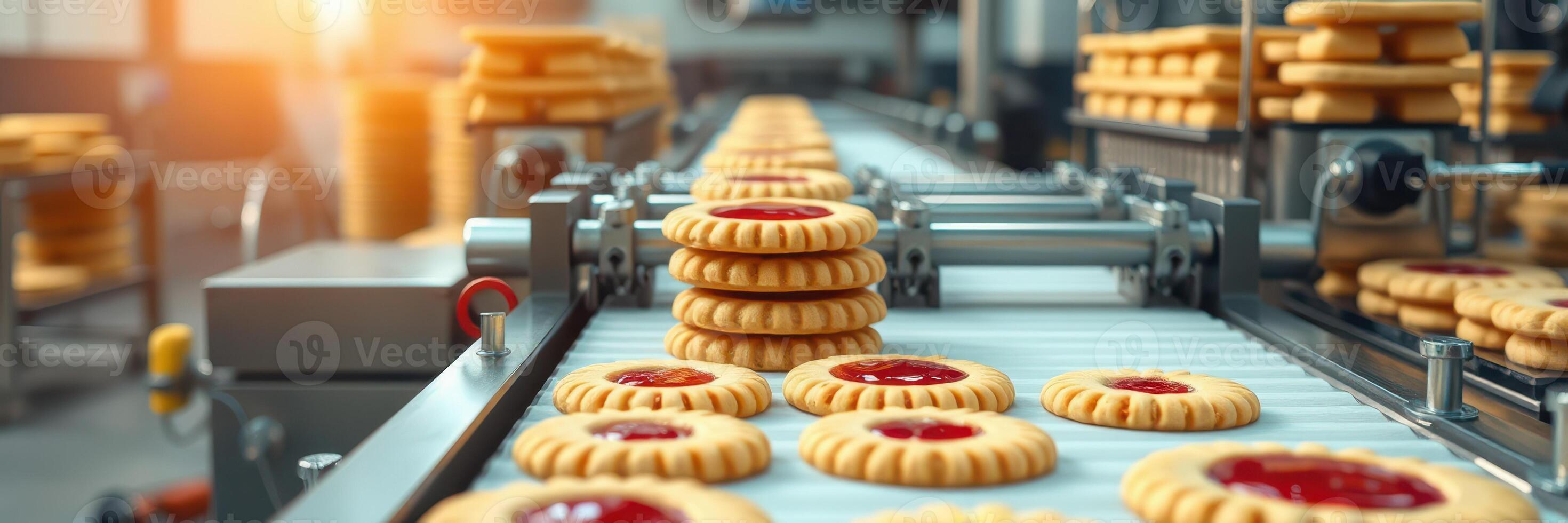 Freshly baked cookies are being processed on a conveyor belt in a modern bakery facility during morning hours photo