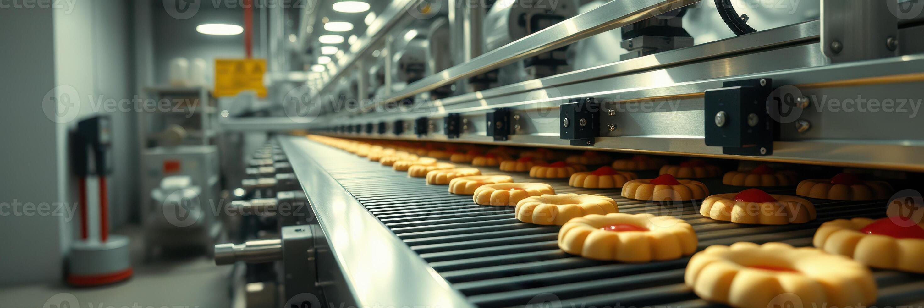 Conveyor belt transporting freshly baked cookies in a modern factory setting during daylight hours photo