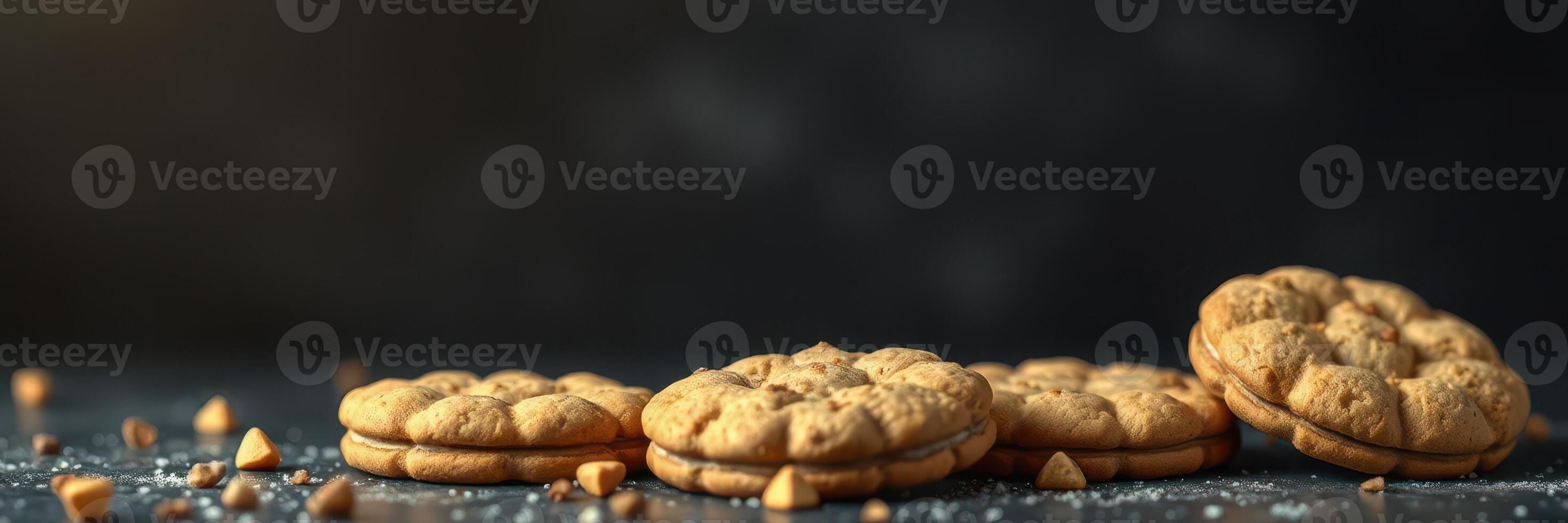 Cookies arranged on a dark countertop with chocolate chips scattered around in a cozy kitchen setting photo