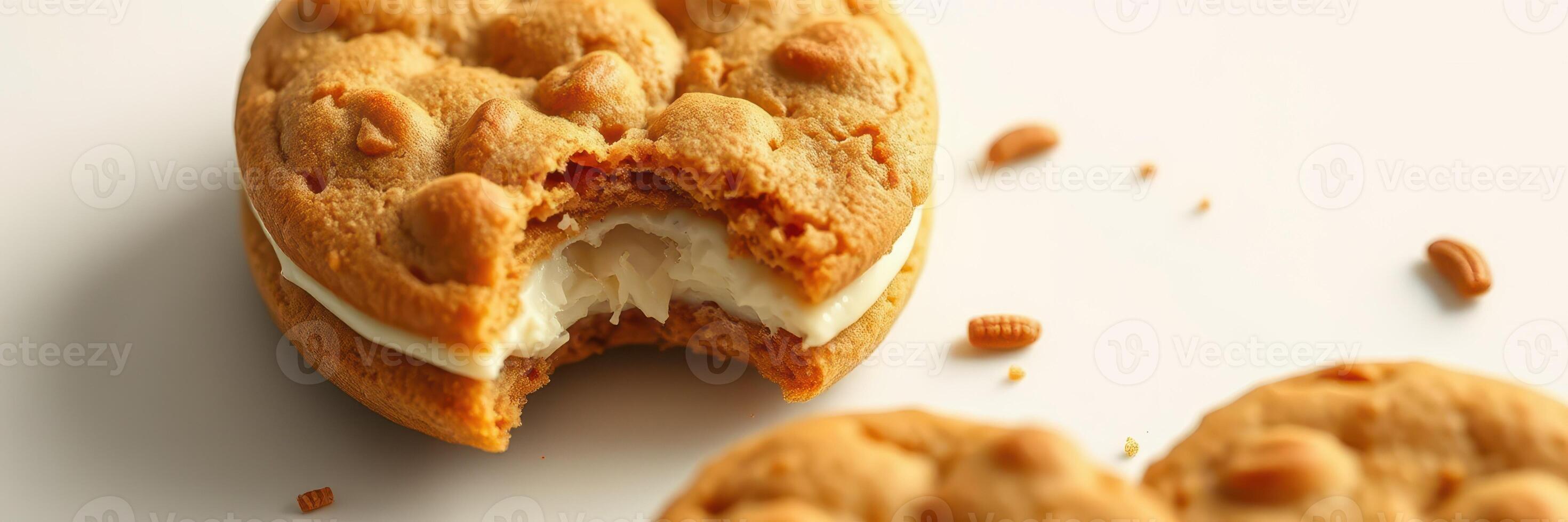 Delicious cookie sandwich with creamy filling and a bite taken out, perfect for dessert enthusiasts enjoying a sweet treat photo