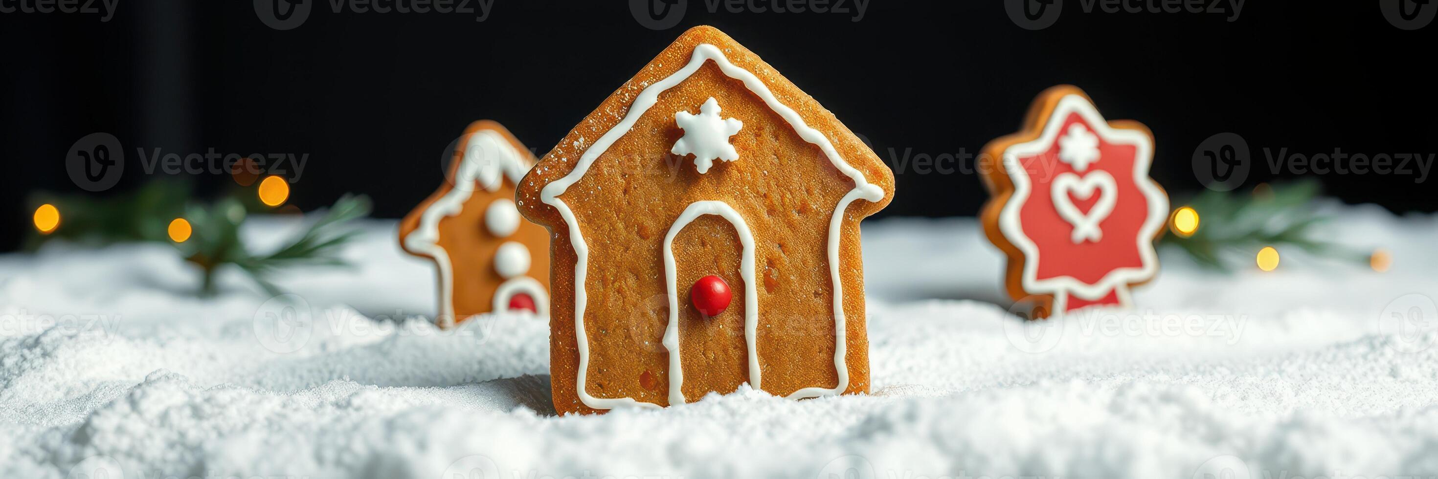 Gingerbread houses and decorations on snowy surface with festive lights photo