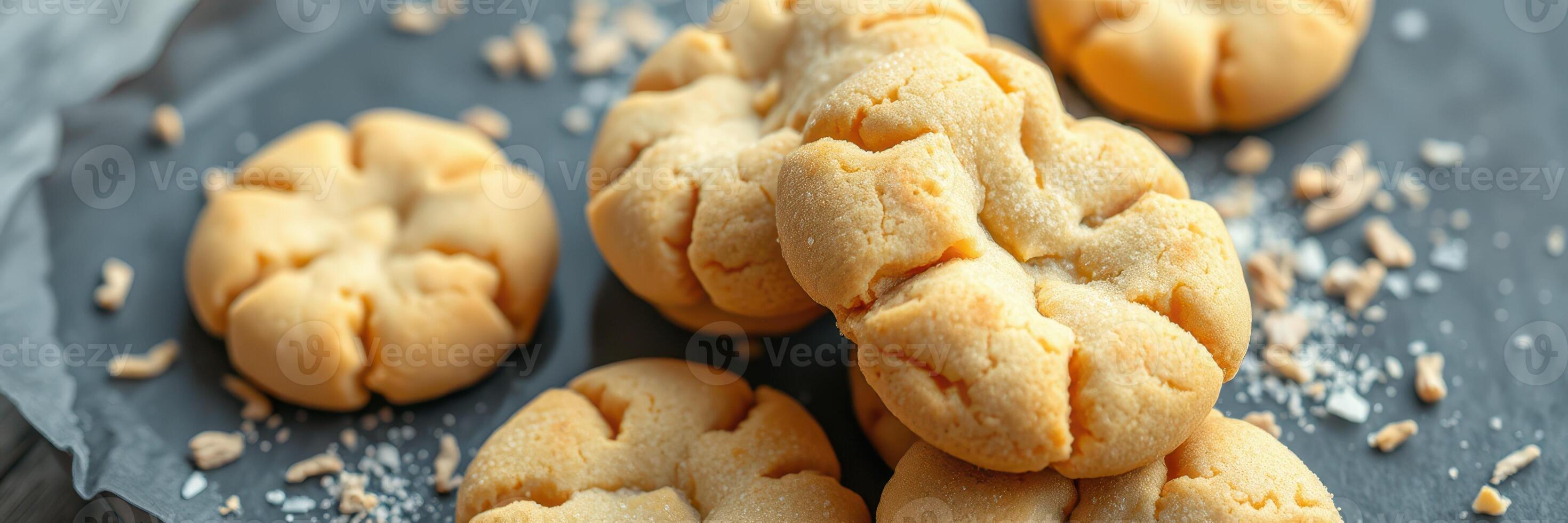 Delicious homemade cookies arranged on a dark platter surrounded by crumbs photo