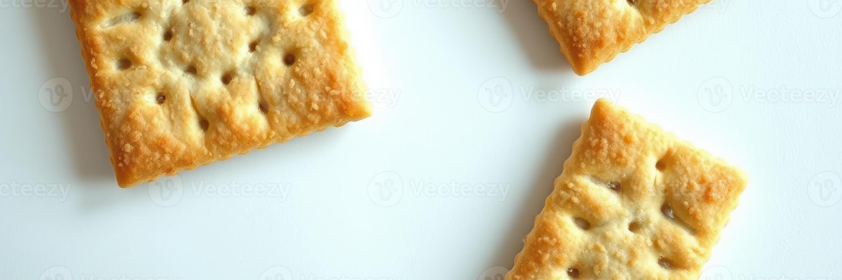 Variety of golden-brown crackers arranged on a light background with a focus on their texture and shapes photo