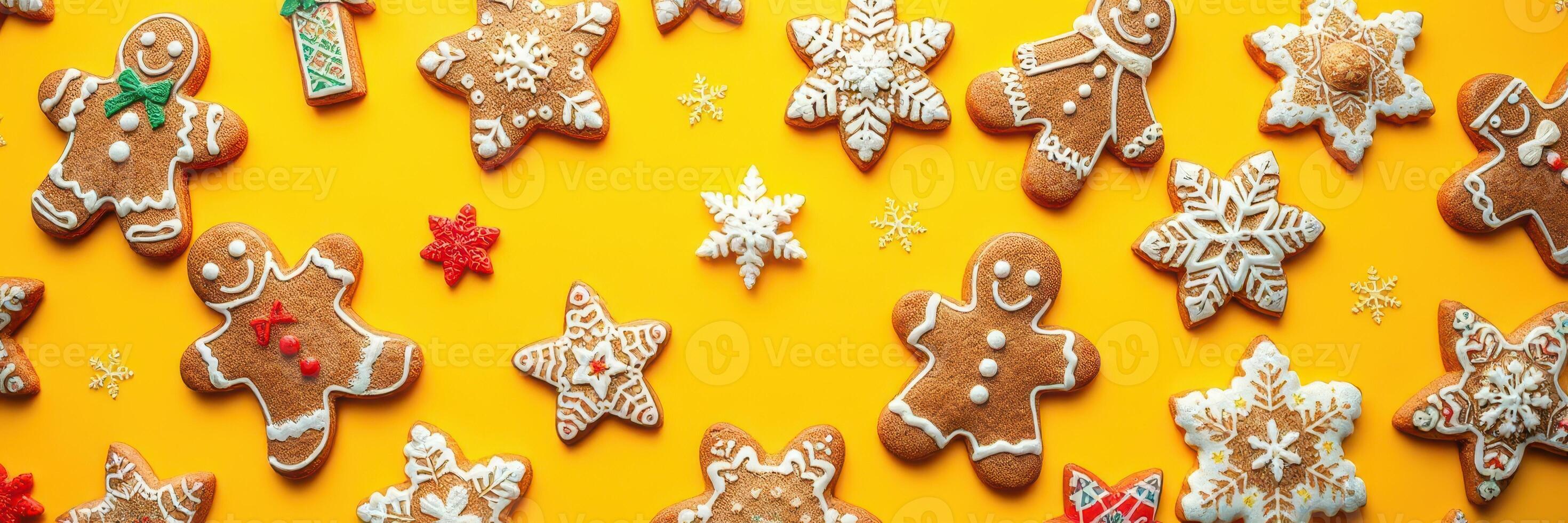 Gingerbread cookies decorated in festive patterns on a bright yellow surface during the holiday season photo