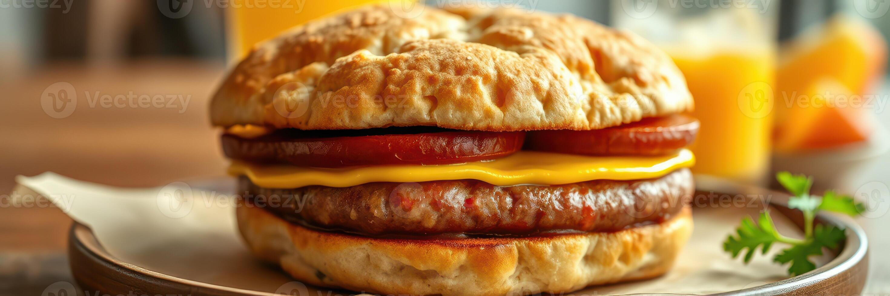 Delicious breakfast sandwich with sausage, cheese, and tomatoes served on a rustic wooden table with fresh juice photo