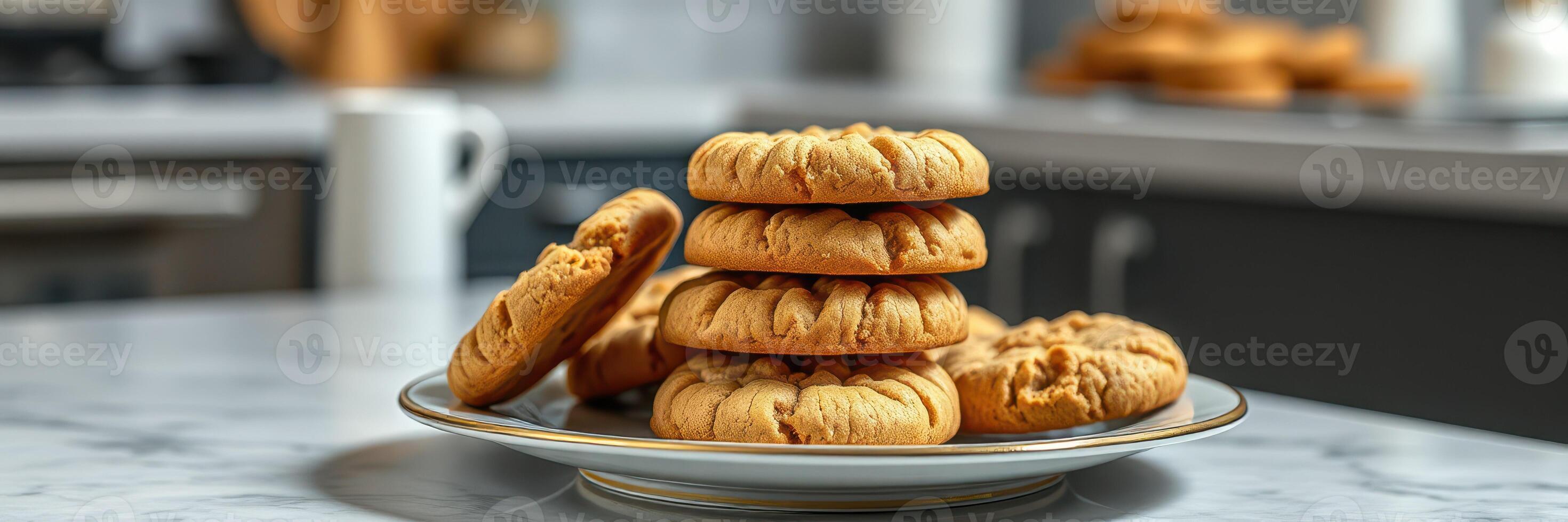Cookies stack on a plate in a cozy kitchen during a sunny afternoon with warm light streaming through windows photo