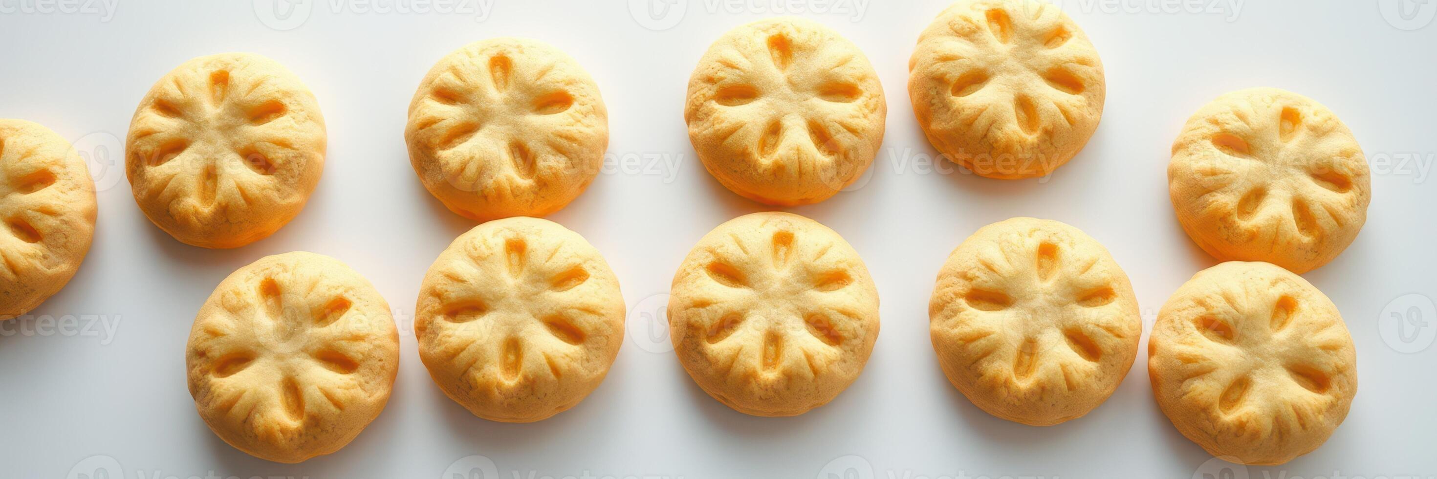 Freshly baked cookies shaped like flowers on a white surface cooling after baking in the afternoon sunlight photo