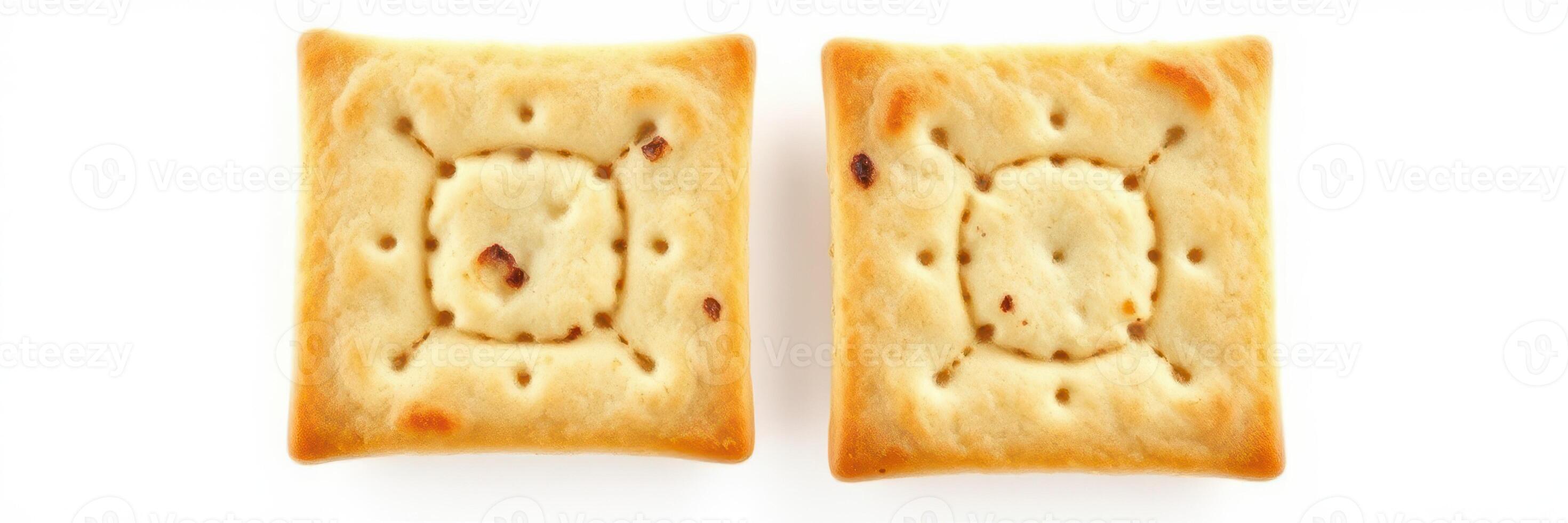 Two golden-brown pastries with a flaky crust and soft center sit side by side on a white background, tempting treats for snack lovers photo