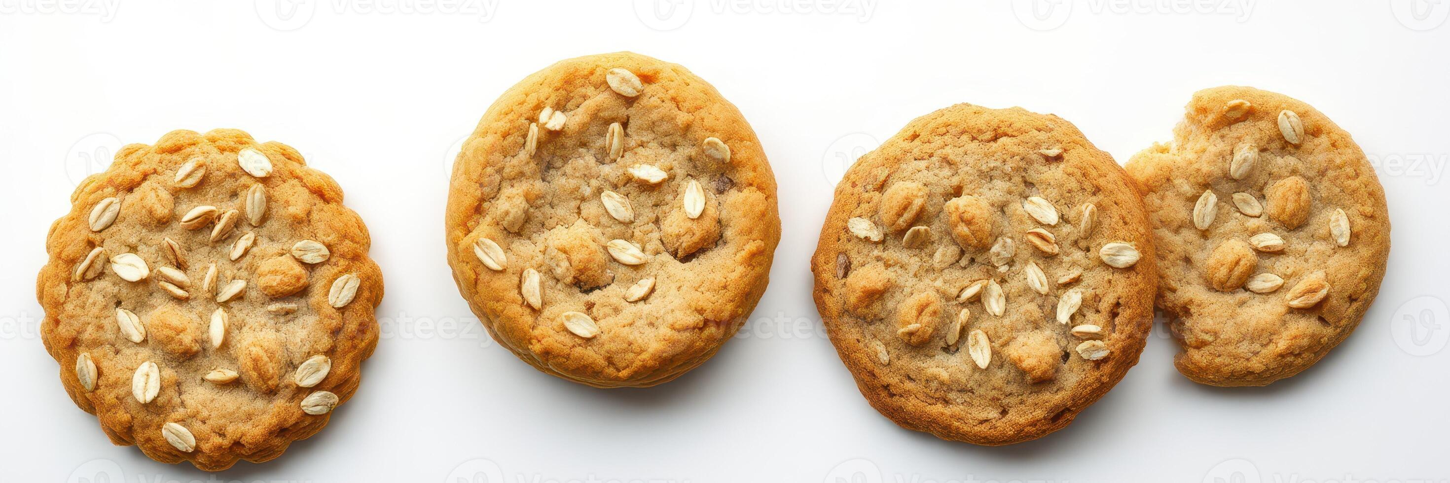 Delicious oatmeal cookies arranged on a white surface with a bite taken out of one photo