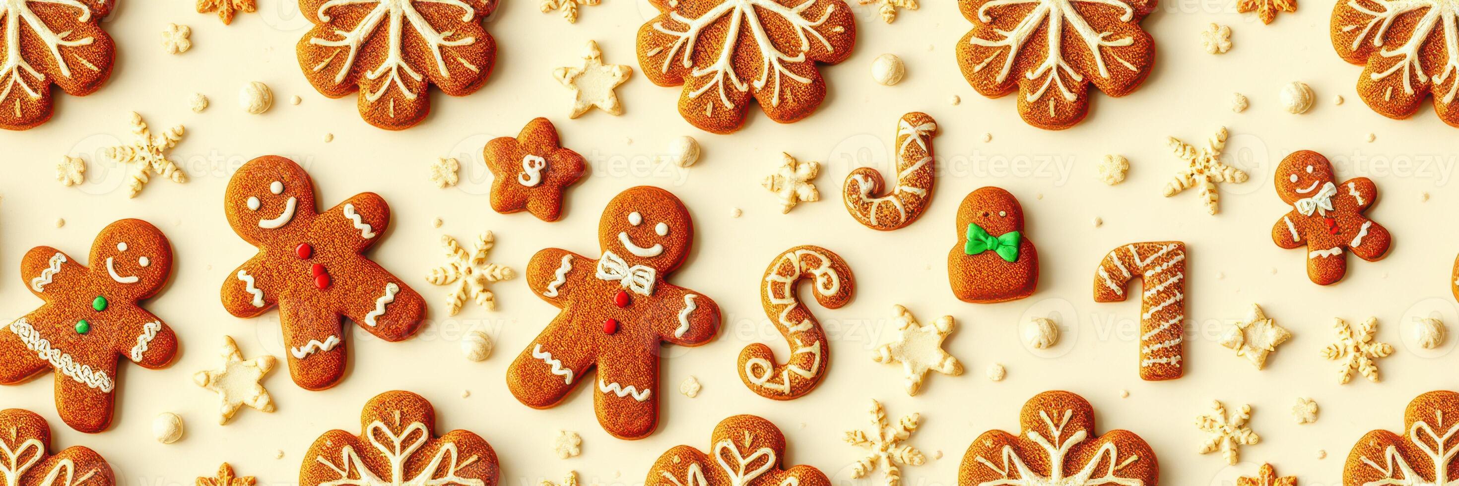Festive gingerbread cookies arranged on a light background with decorative icing and sprinkles for a holiday celebration photo