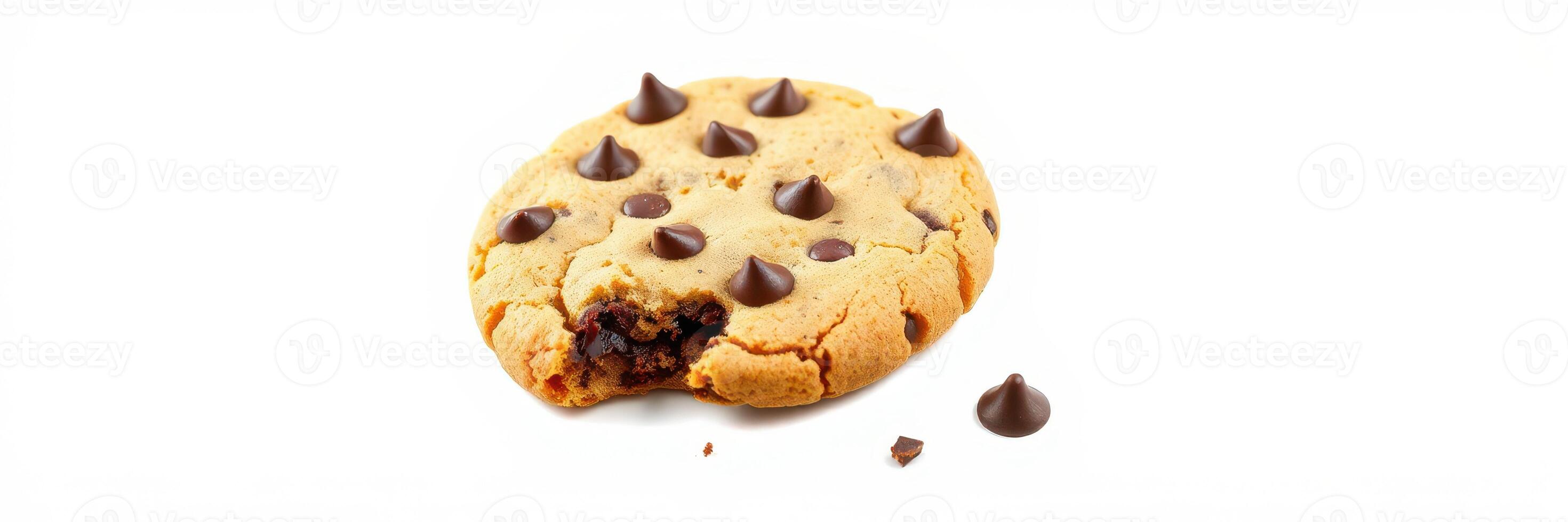 Freshly baked chocolate chip cookie with a bite taken out showcasing gooey chocolate filling photo