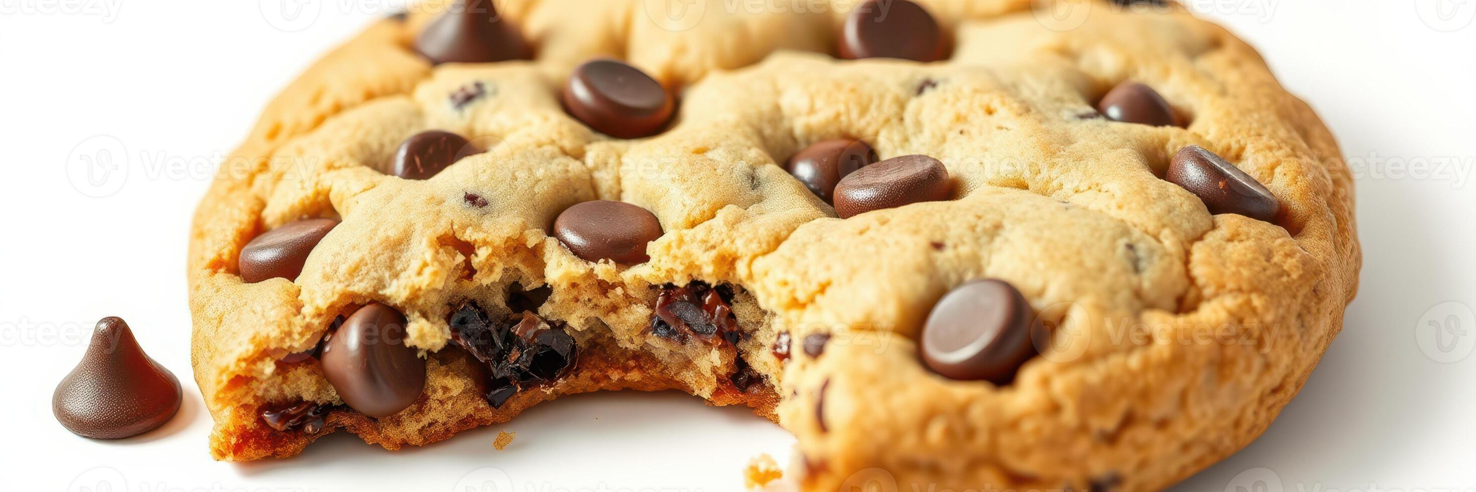 Delicious chocolate chip cookie with a bite taken out, placed on a white surface under soft lighting photo