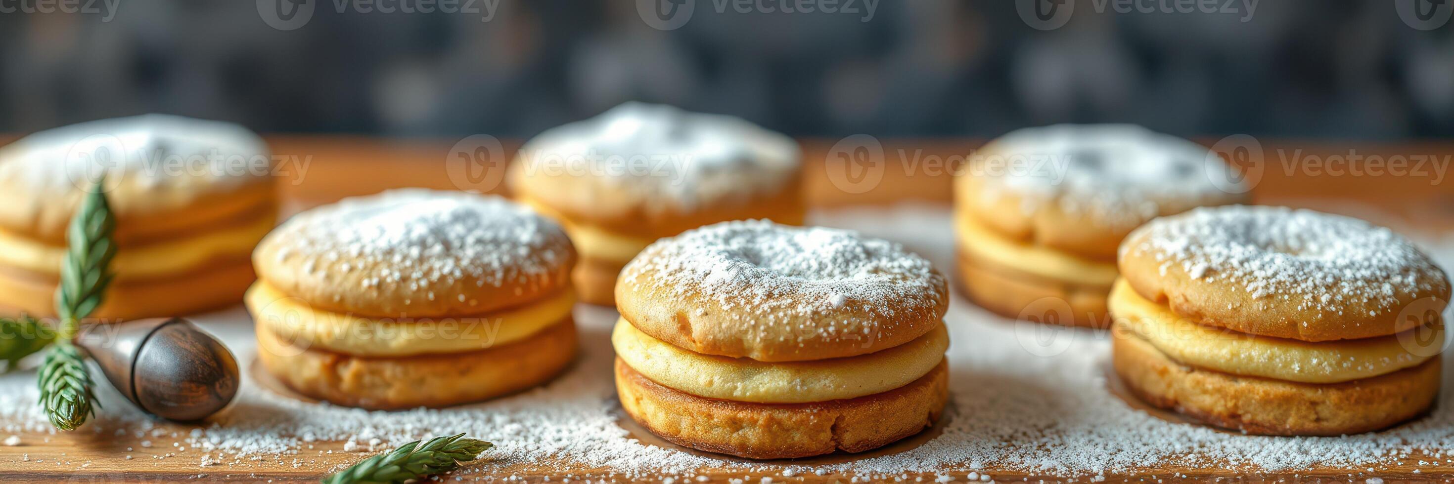 Homemade cookies filled with cream, dusted with powdered sugar on a wooden board photo