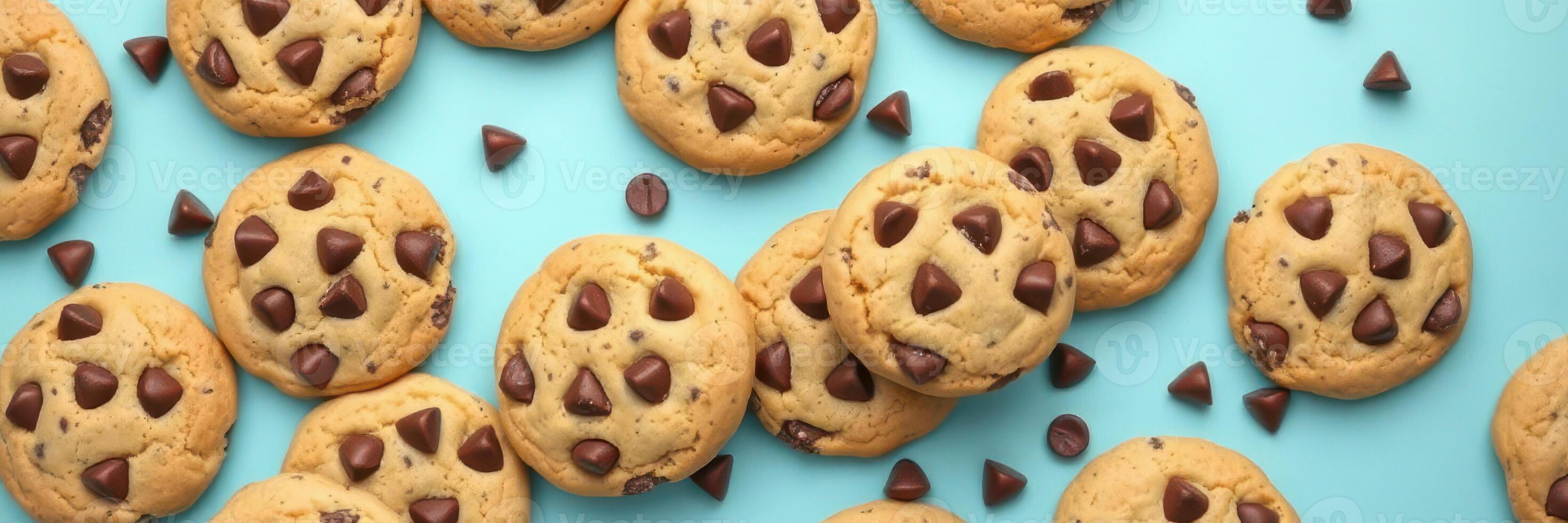 Freshly baked chocolate chip cookies arranged on a light blue background with scattered chocolate chips photo