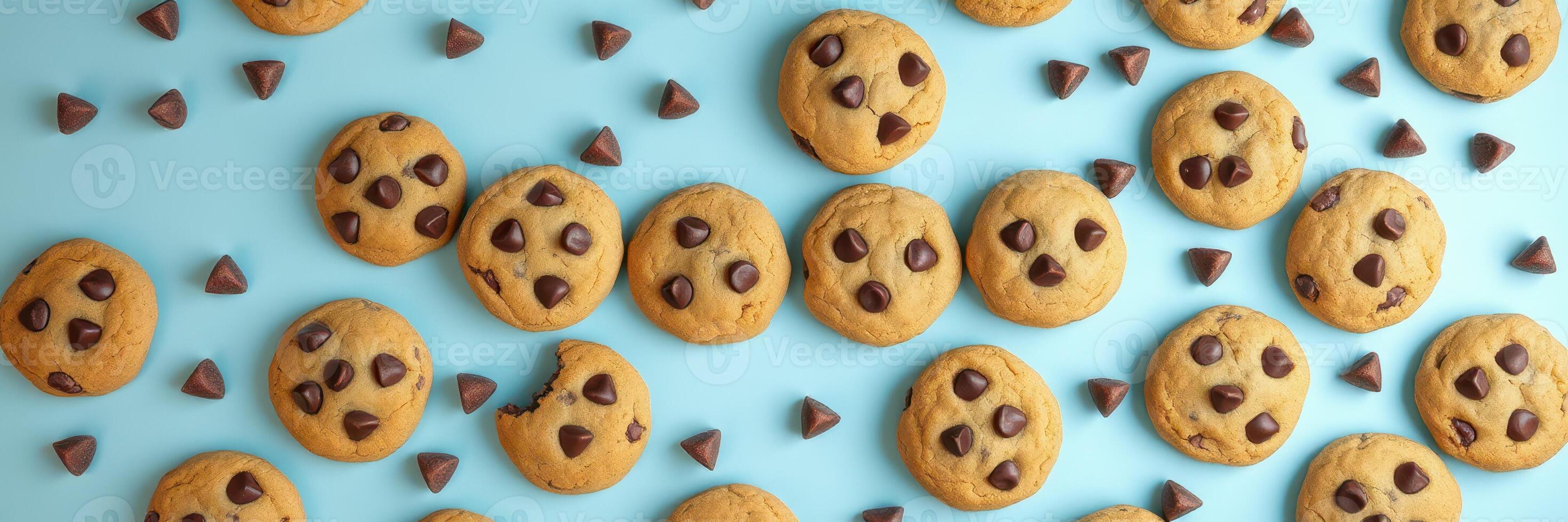 Delicious chocolate chip cookies arranged on a light blue background for a sweet treat experience photo