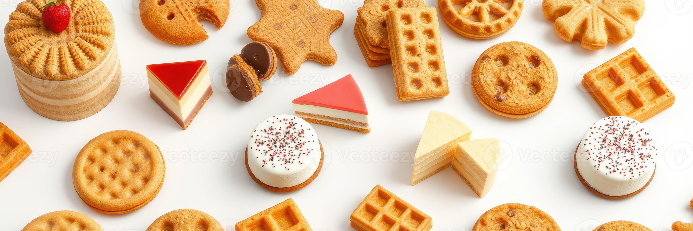 Variety of assorted cookies and pastries displayed on a white surface with different shapes and flavors photo
