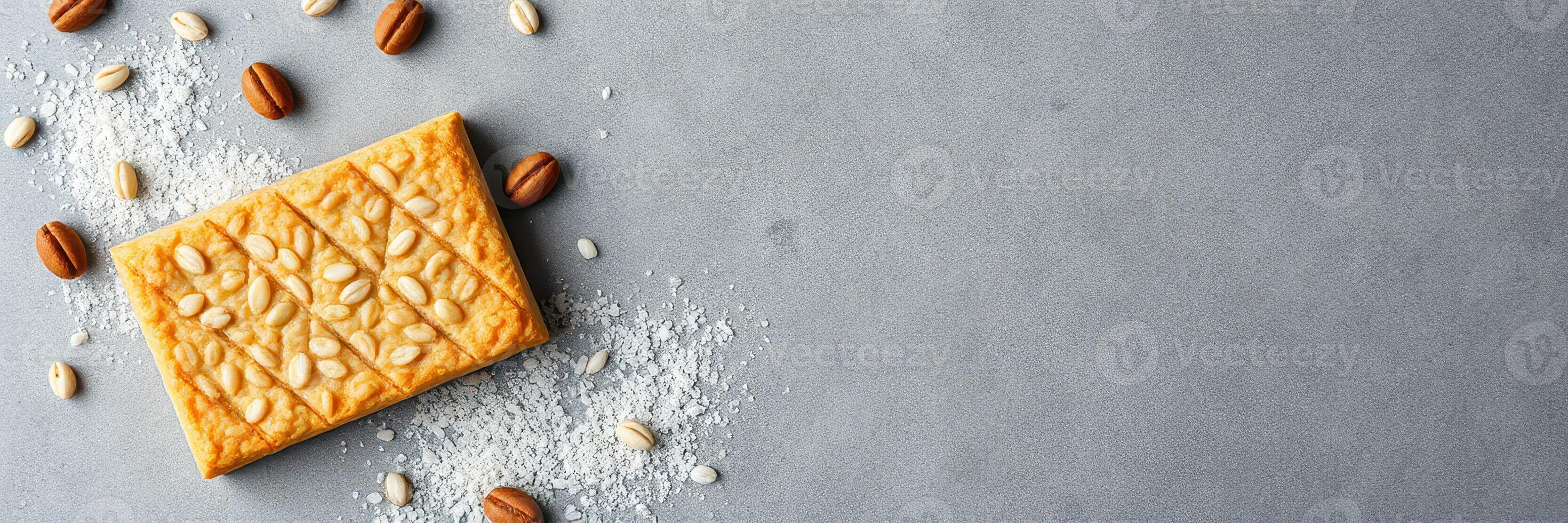 Delicious dessert with crunchy texture and nutty flavor placed on a gray surface surrounded by scattered nuts and grains photo
