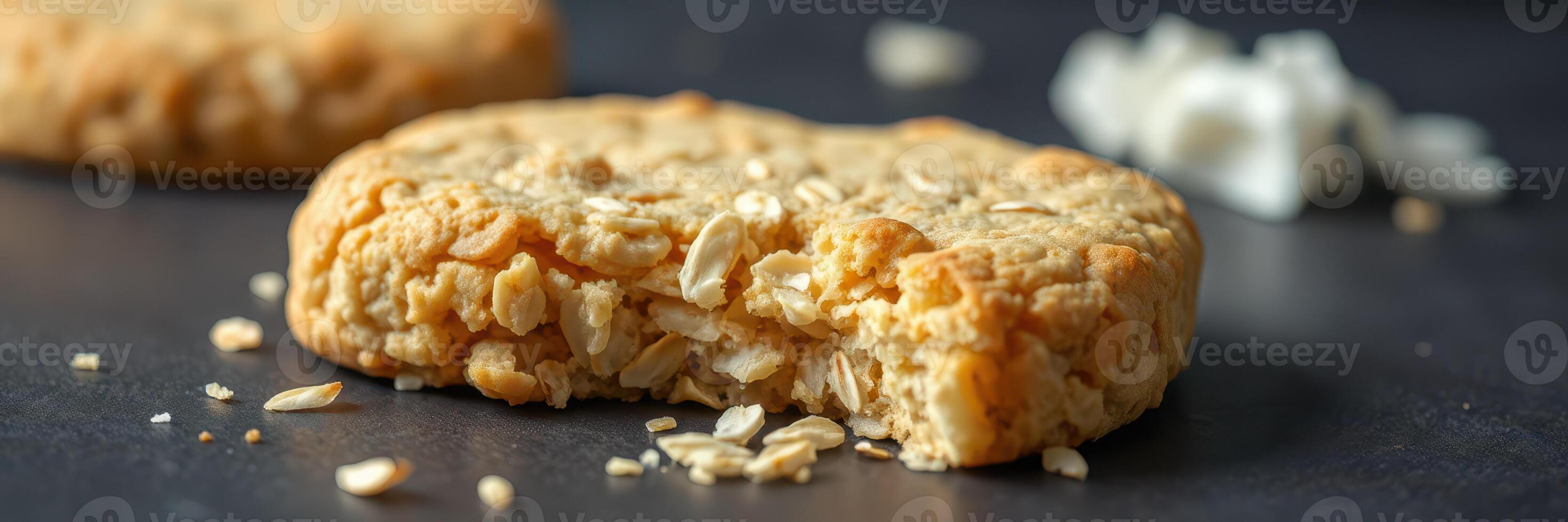 Freshly baked oatmeal cookie with a bite taken out, showcasing its chewy texture and rustic appearance photo