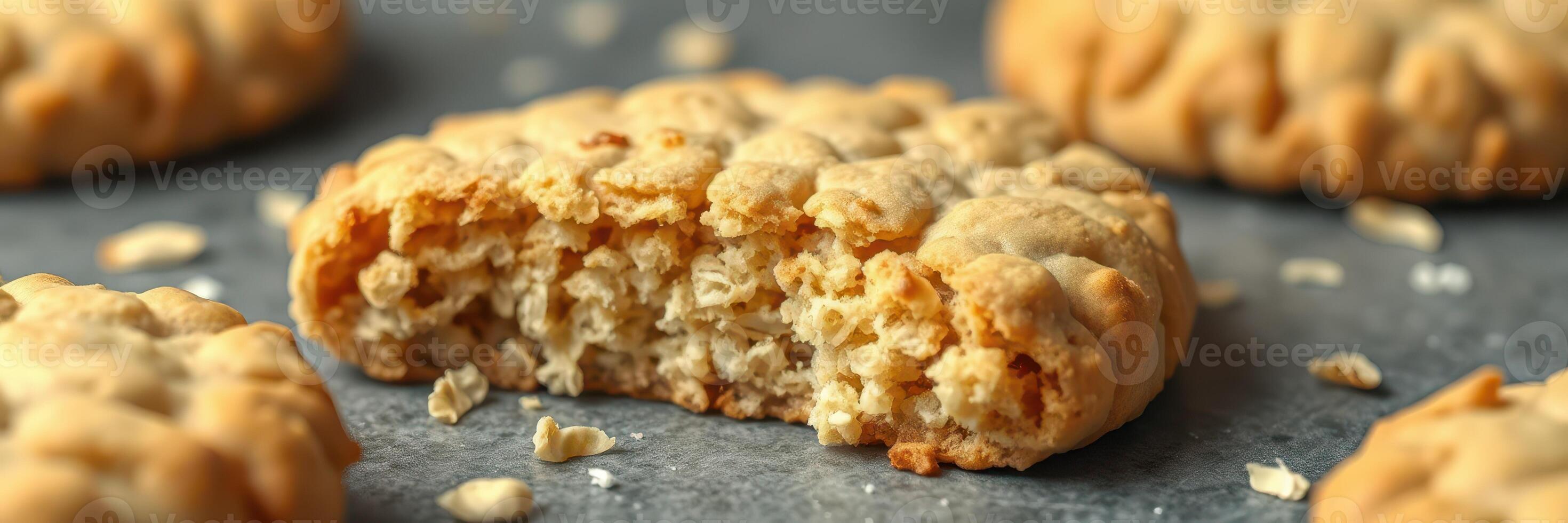 Cookies with oats and a bite taken out sit on a gray surface with crumbs scattered around them photo