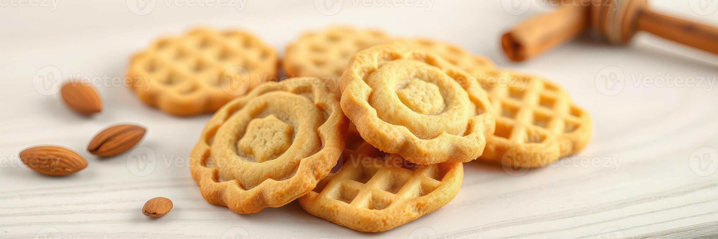 Delicious baked cookies arranged on a white surface with almonds and a wooden rolling pin nearby photo
