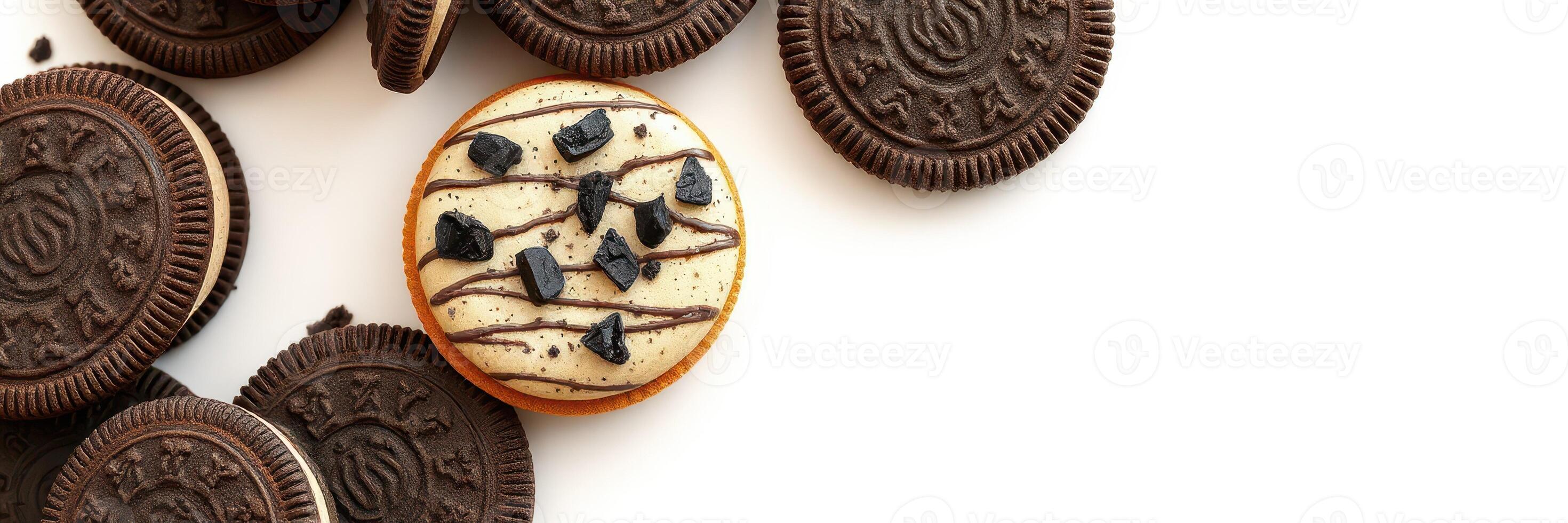 Cookies arranged on a white surface showcasing a unique treat with chocolate drizzle and chips photo