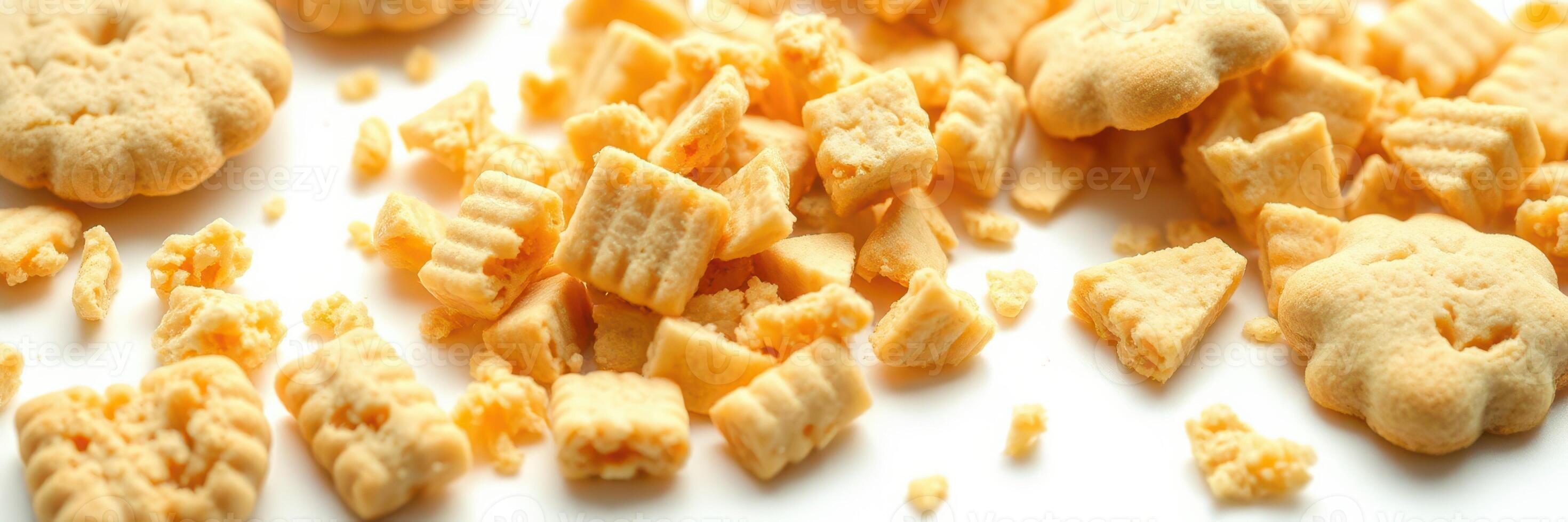Crunchy cheese crackers scattered on a white surface create a delicious snack scene ideal for any gathering or movie night photo