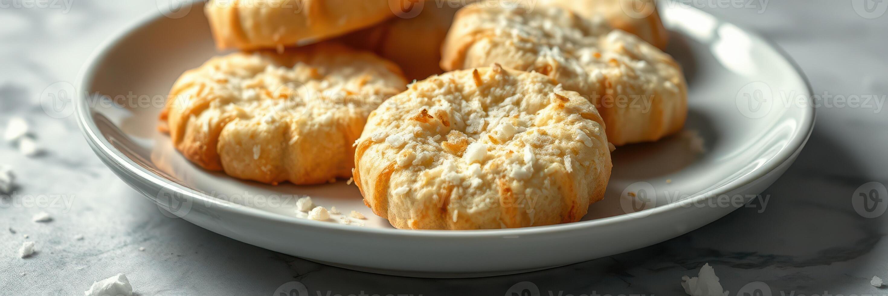 Freshly baked coconut cookies served on a white plate ready to be enjoyed with a cup of tea photo