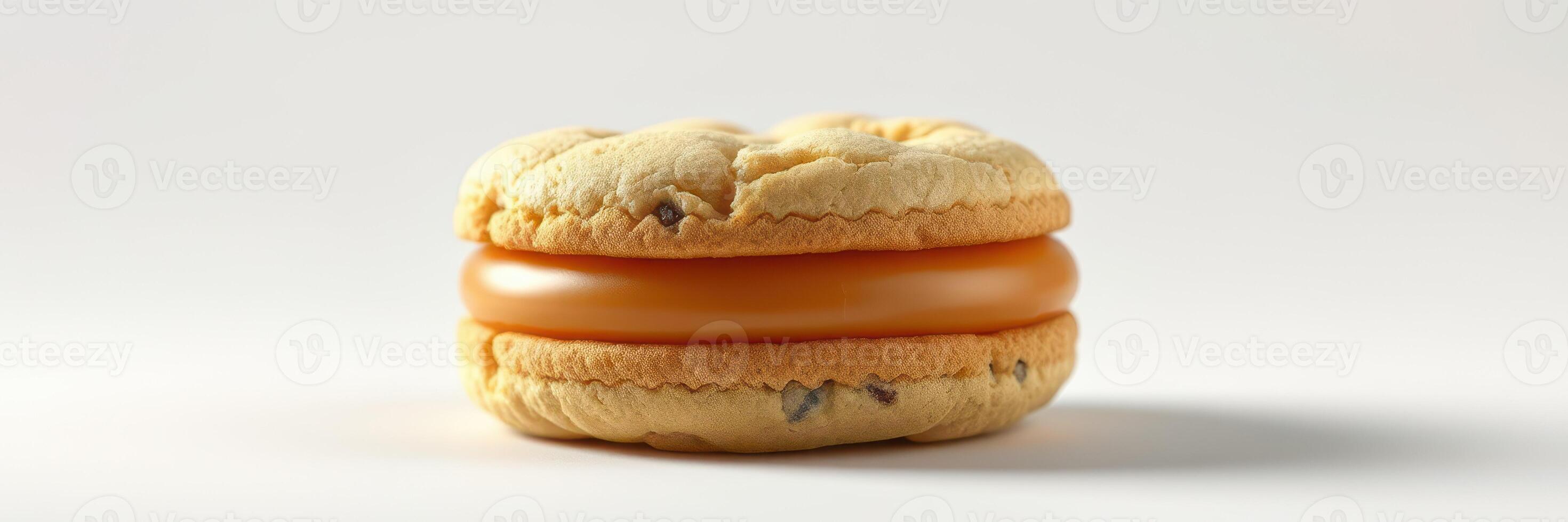 Soft cookie sandwich with caramel filling placed on a neutral background, showcasing a delightful dessert option photo